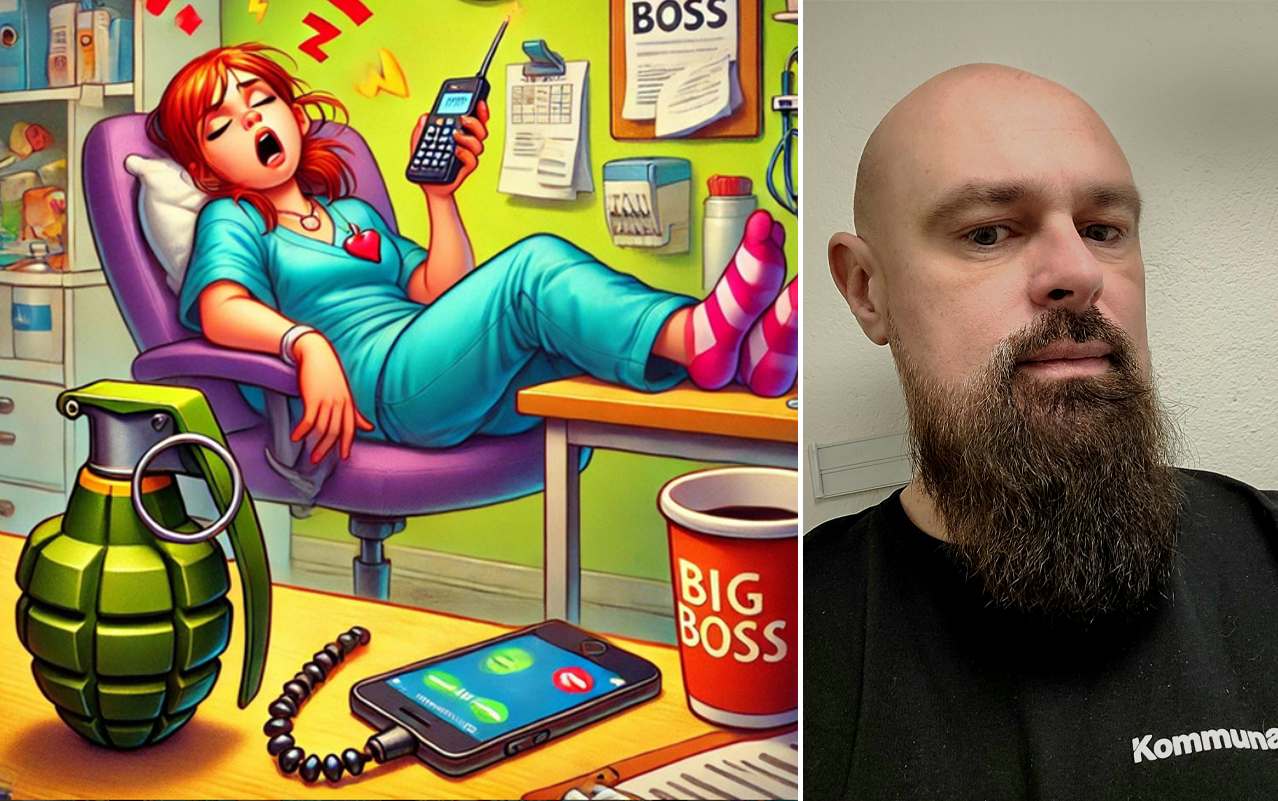 En tecknad bild visar en kvinna som sover i en stol med en telefon och en granat i närheten till vänster. Till höger tar en skäggig Henrik Rubensson en selfie inomhus.