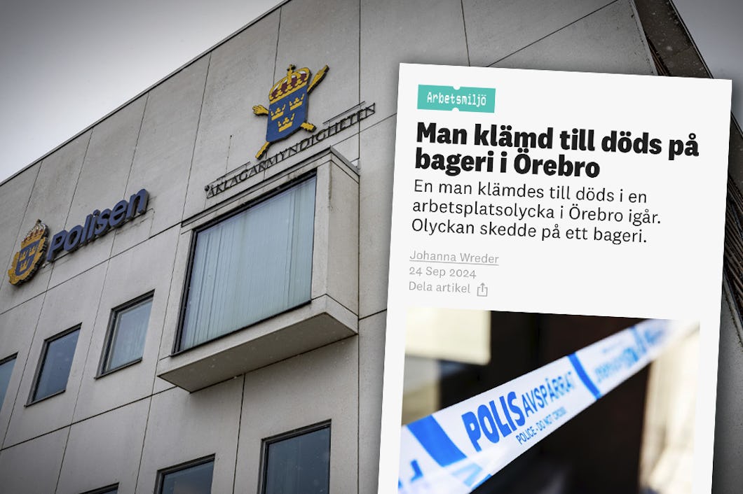 Bildbeskrivning: Polisbyggnad med en artikel om en dödsolycka i ett bageri i Örebro.