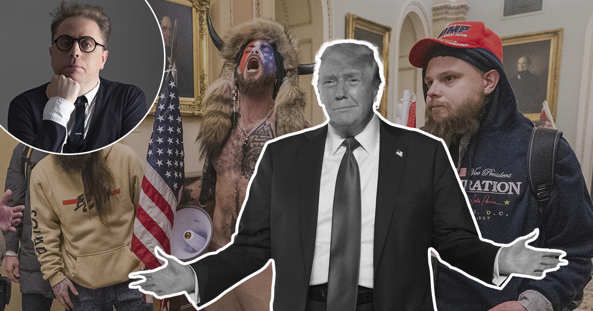 Ett collage visar en man med glasögon, människor i maskeraddräkter, en man i svartvitt iklädd kostym och en person med röd hatt och jacka i en historisk byggnad.