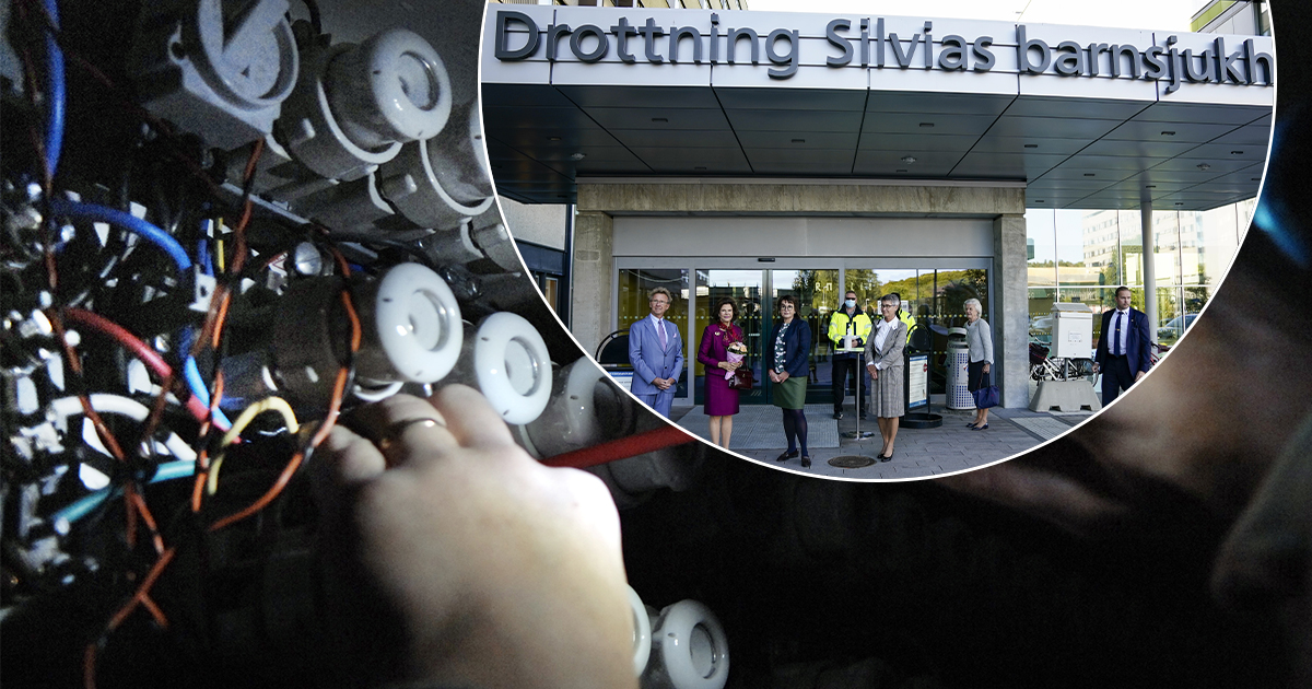 Händer justerar ledningar på ett kretskort; infälld bild visar personer som står utanför Drottning Silvias barnsjukhus entré.