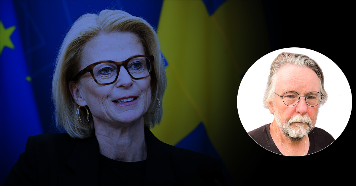 En kvinna talar med en EU-flagga och en nationell flagga i bakgrunden; infälld bild visar en man med glasögon mot en vit bakgrund.