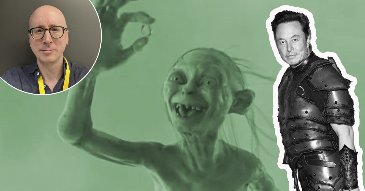 Collage av tre bilder: en person med glasögon, en tecknad figur som håller i en ring, och en annan person iklädd