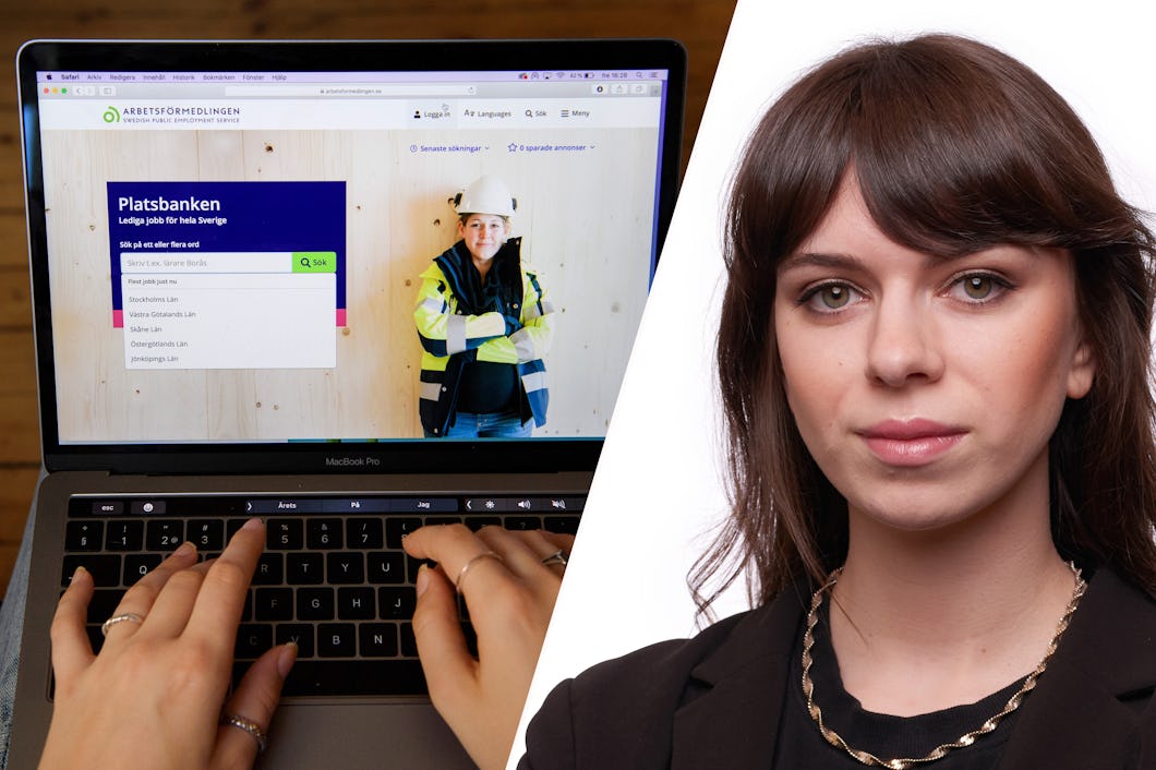 En person skriver på en bärbar dator med en jobbsökningssida på skärmen; en annan person står bredvid iförd hjälm och säkerhetsväst.