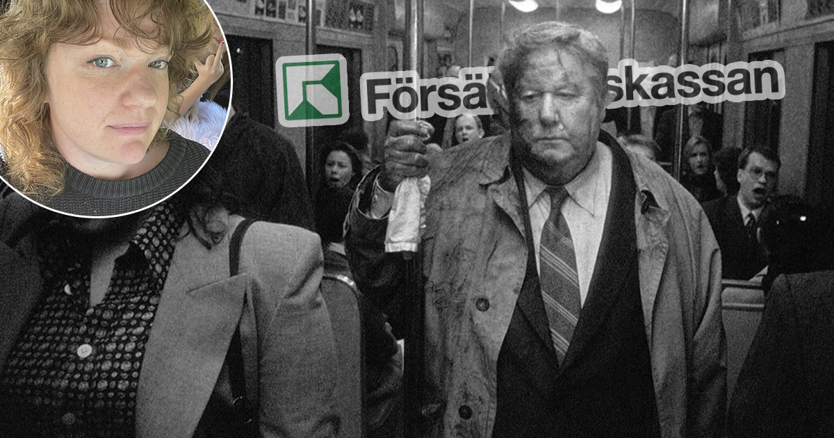 En svartvit bild visar en man i kostym på kollektivtrafik. En färginfälld bild visar en person med lockigt hår. I bakgrunden syns "Försäkringskassan" logotypen.