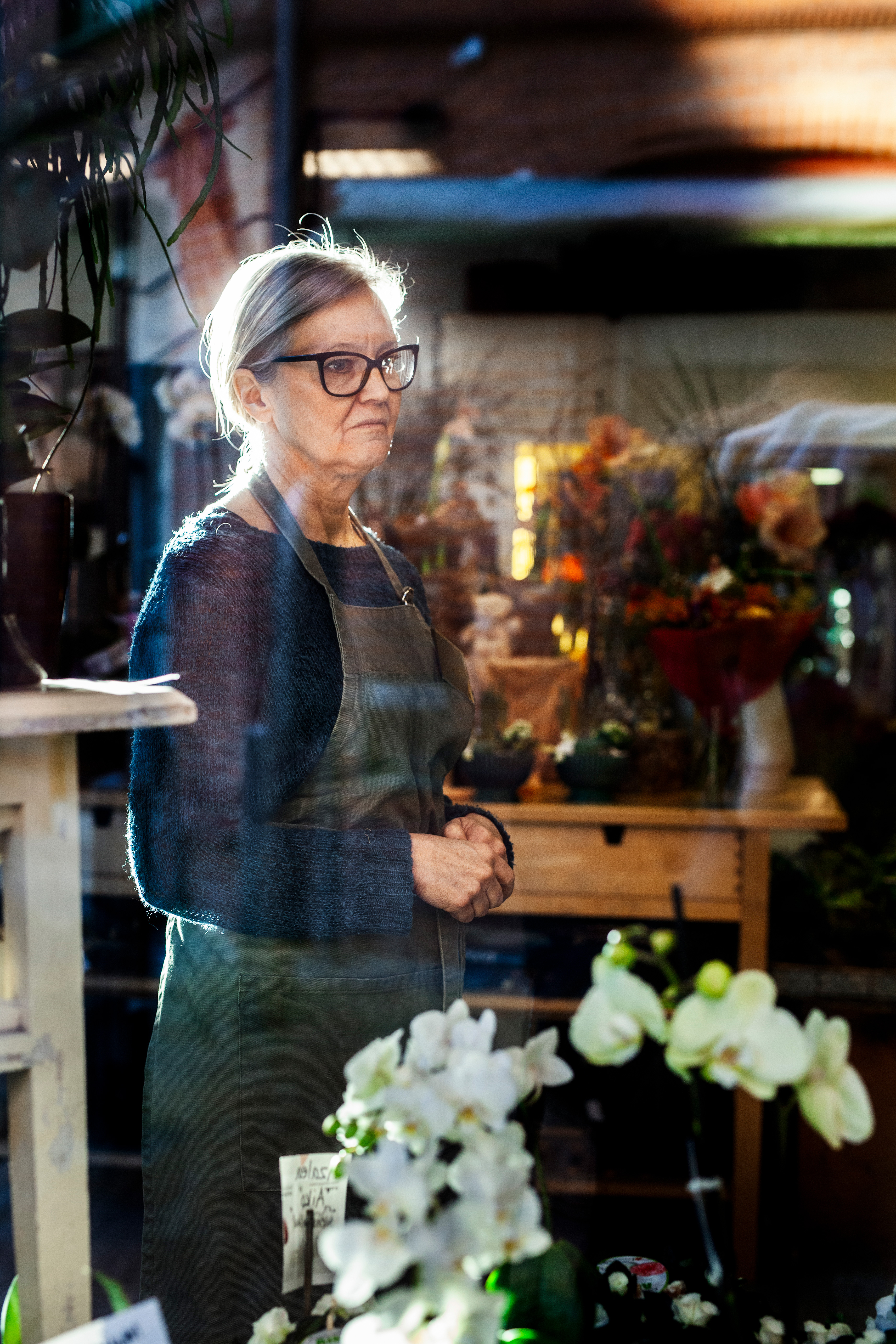 En person med glasögon och förkläde står inomhus, omgiven av flera växter och blommor.