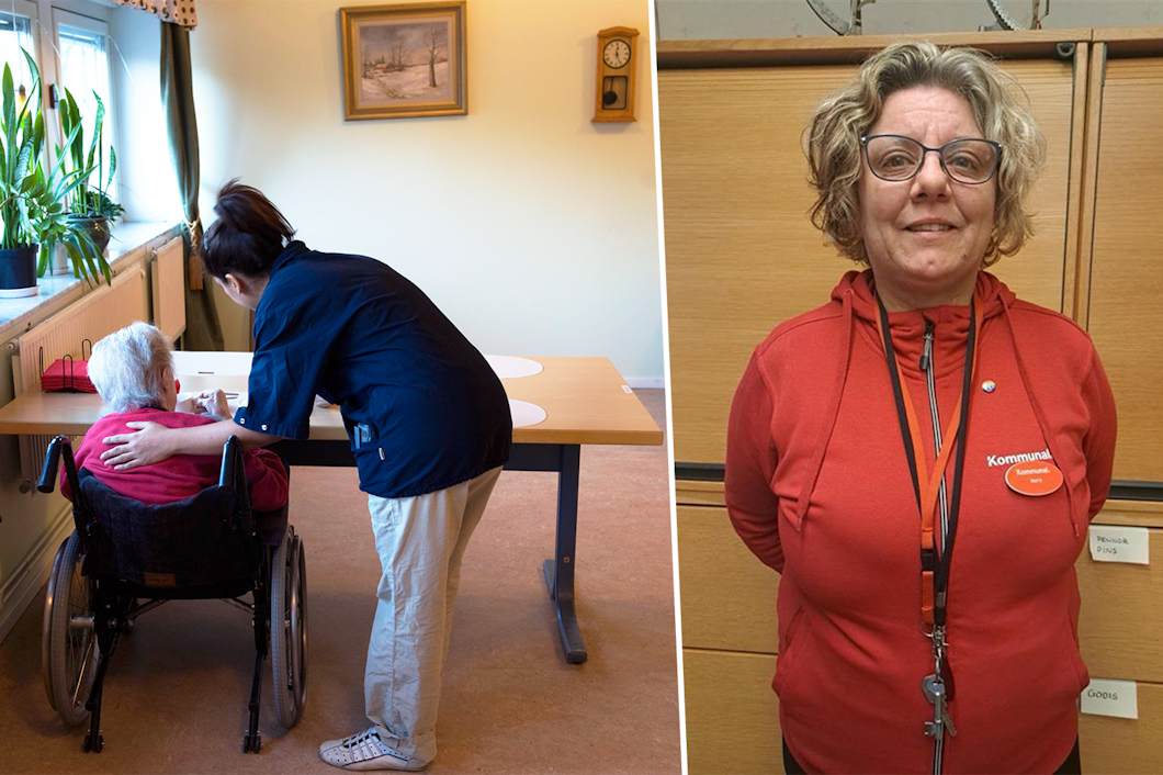 En vårdgivare hjälper en äldre person i rullstol vid ett bord. En annan bild visar Maria Karlsson i en röd uniform med namnskyltar stående inomhus.