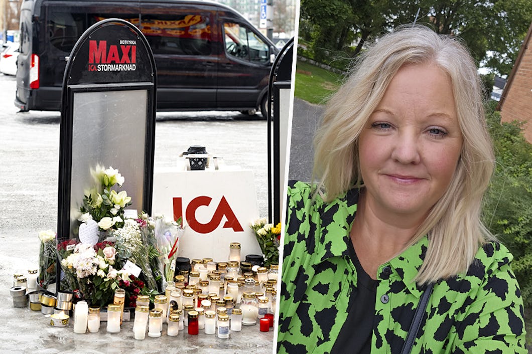 Bildens vänstra sida visar ljus och blommor nära en ICA-skylt. På den högra sidan syns en kvinna.