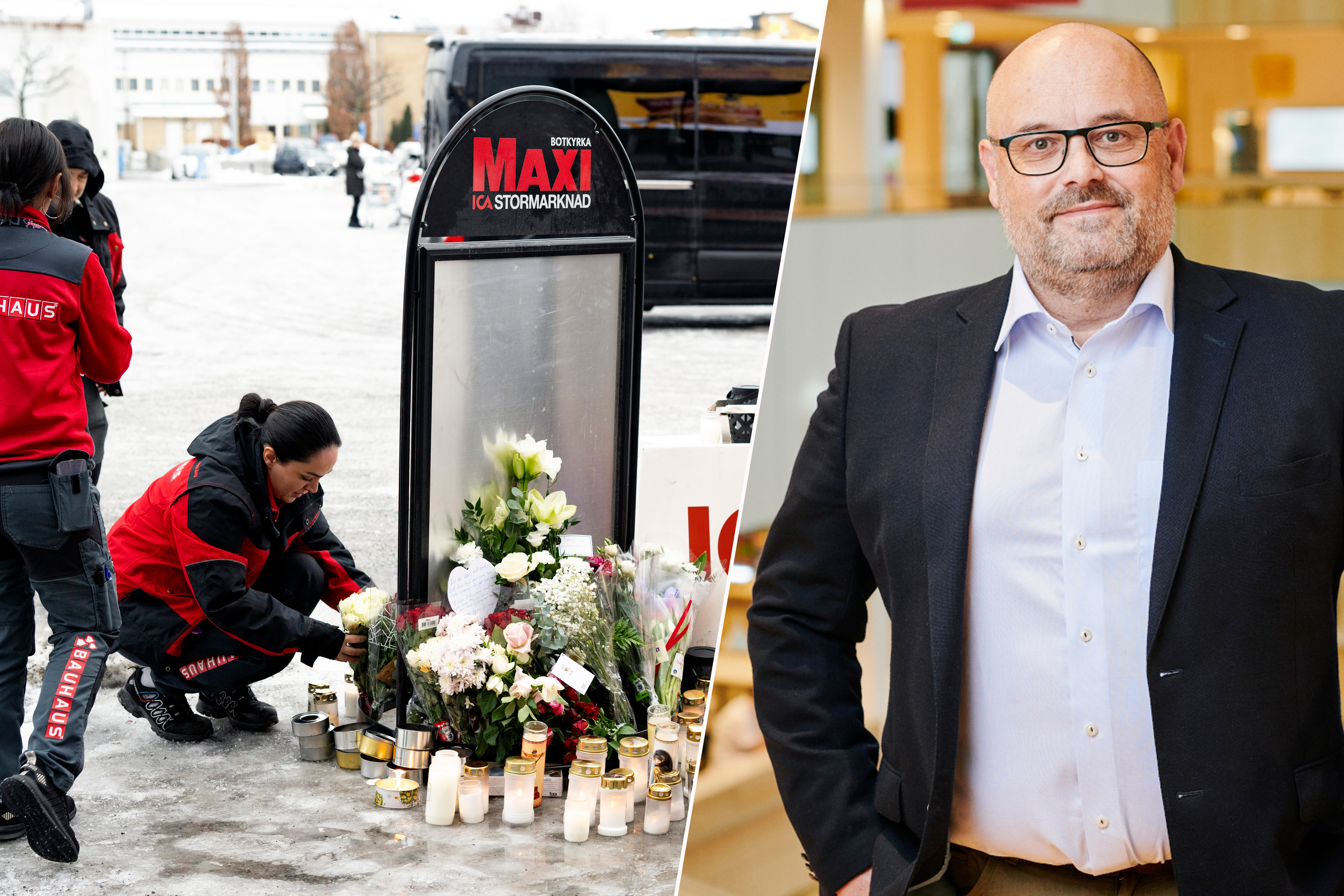 Två personer lägre blommor och ljus vid ett minnesmärke. Till höger står en person i kostym inomhus.