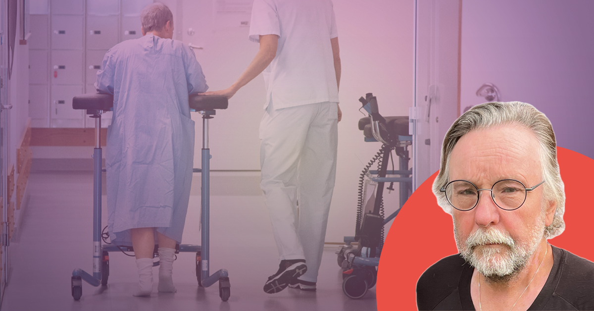 En patient med en rollator och en vårdpersonal i en sjukhuskorridor; en man med glasögon och skägg visa separat i en röd cirkel.