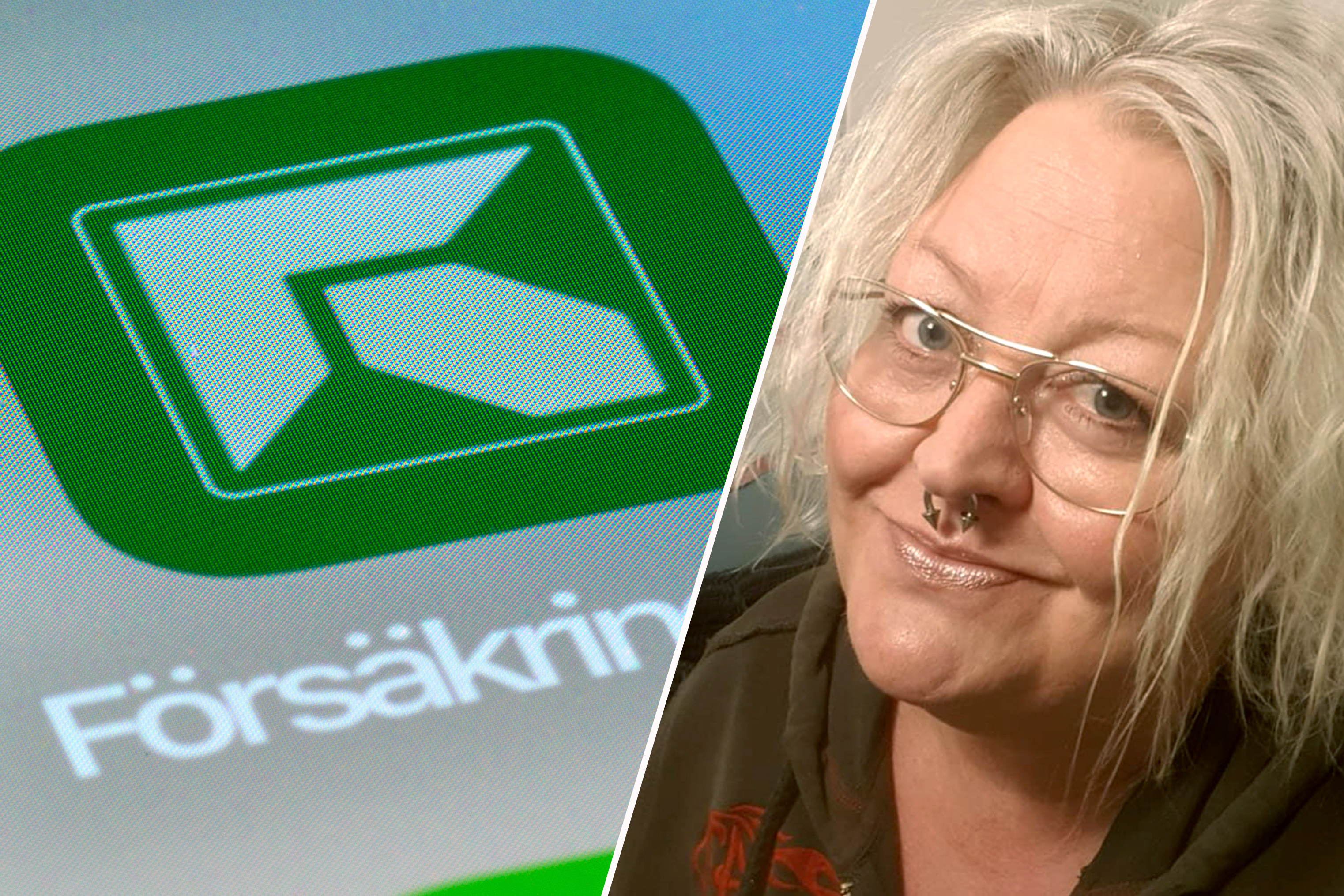 En mobilapp-ikon med texten "Försäkring" syns till vänster. Till höger finns en person med glasögon och ljust hår, som har en näsring och bär mörka kläder.