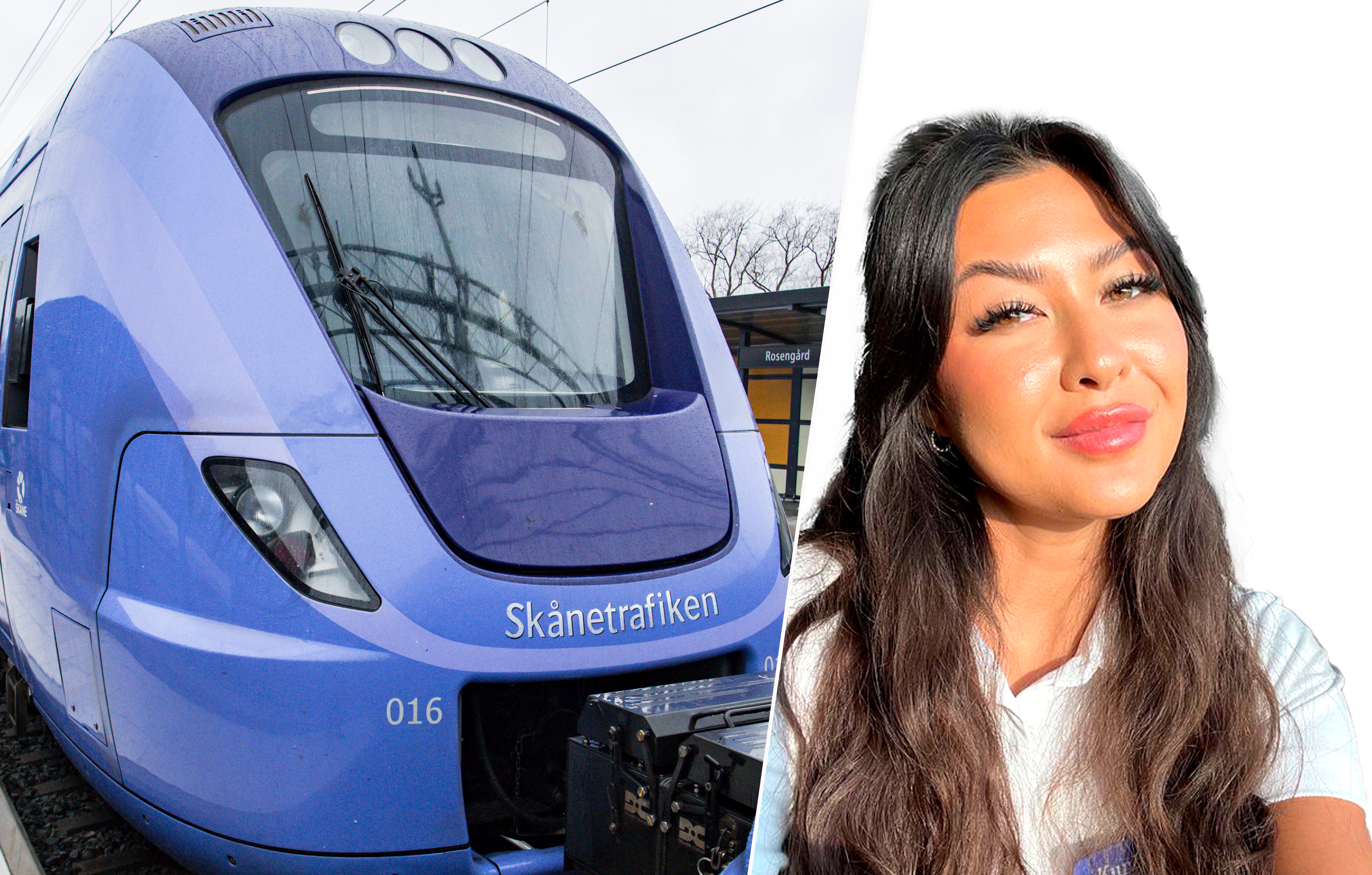 En blå Skånetrafiken-tåg står vid en station bredvid en kvinna med långt mörkt hår mot en vit bakgrund.