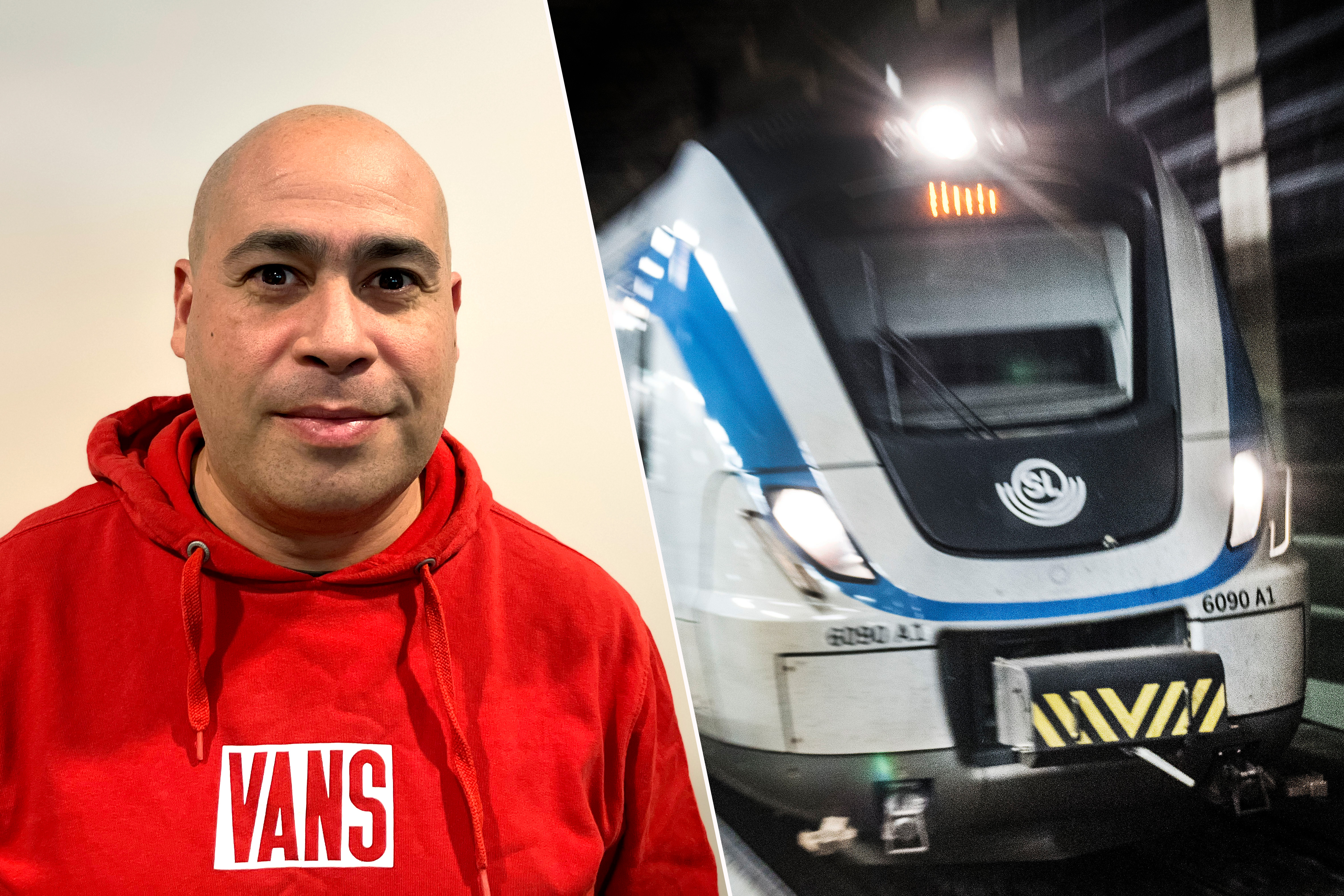 En person i röd Vans-hoodie står bredvid en bild av ett tåg med nummer 6090 A1 och SL-logotypen.