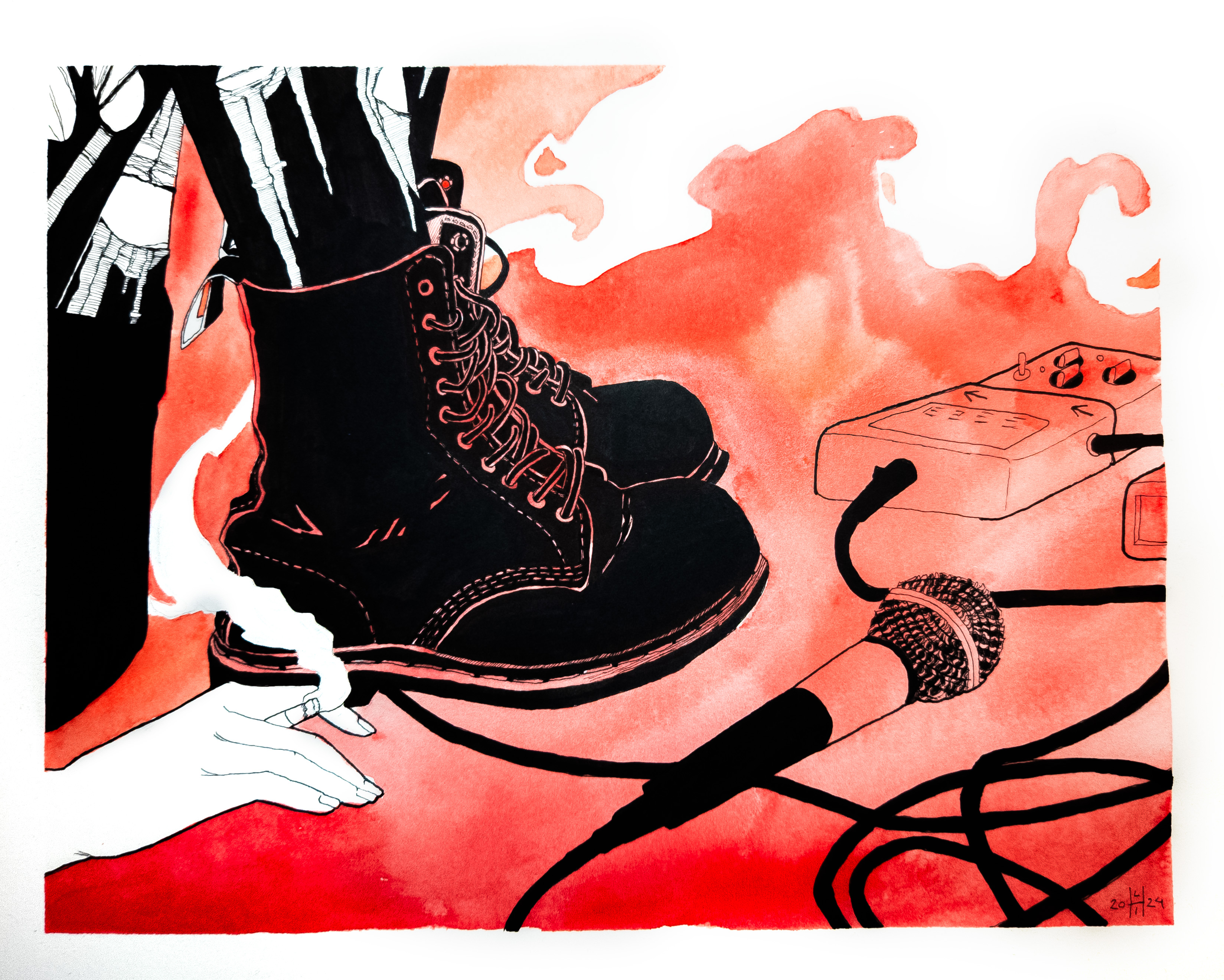 Bild som visar en känga som trampar på en mikrofon och en ljudapparat, medan en hand håller i en cigarett. Bakgrunden är röd.