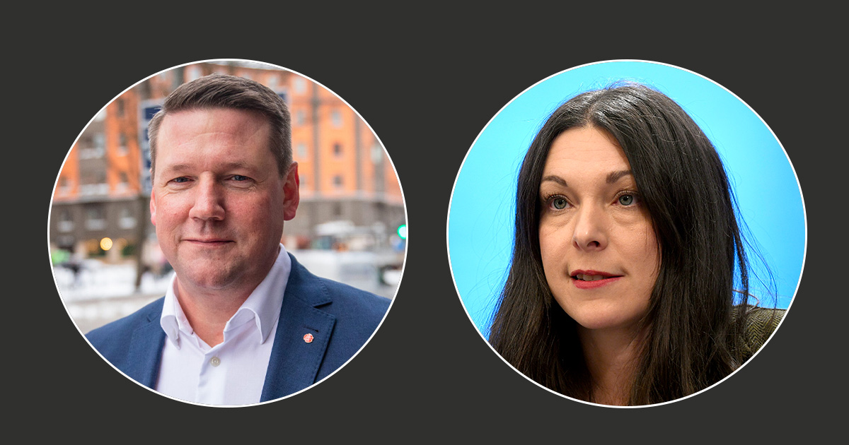 Två personer i cirkulära ramar; en person bär kostym med en stadsmiljö i bakgrunden, den andra personen har långt hår mot en blå bakgrund.