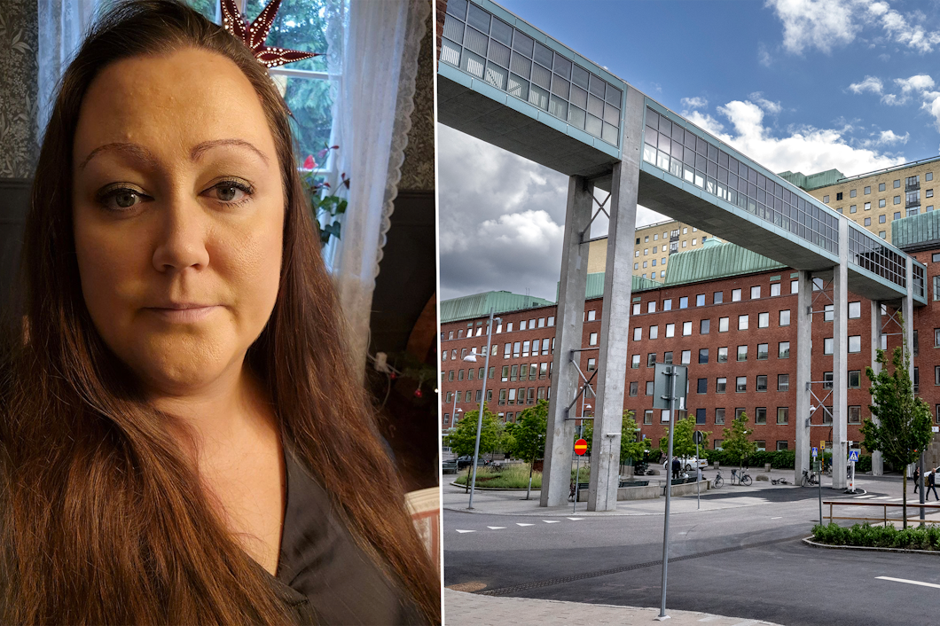 Christine Marttila med långt hår inomhus till vänster; en exteriör av ett stort tegelhospital med upphöjda gångvägar till höger.