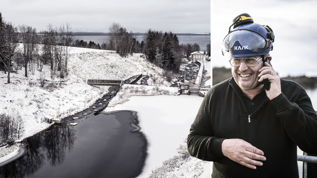 Snötäckt landskap med en flod, träd och en liten damm. En väg löper längs den frusna vattnet och himlen är täckt av moln. Bredbid finns ett porträtt på vattenkraftteknikern Sven Fahlén.