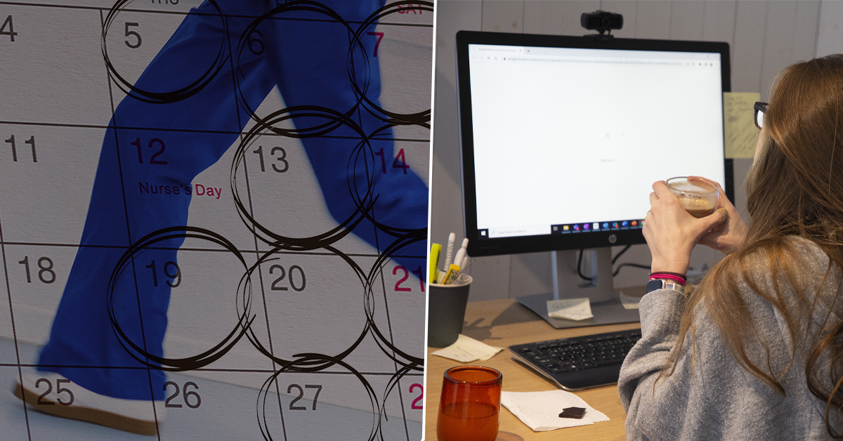 En kalender med ringar runt veckodagarna och "Sjuksköterskans dag" markerad. En person sitter vid ett skrivbord med en dator och håller i en kaffekopp.