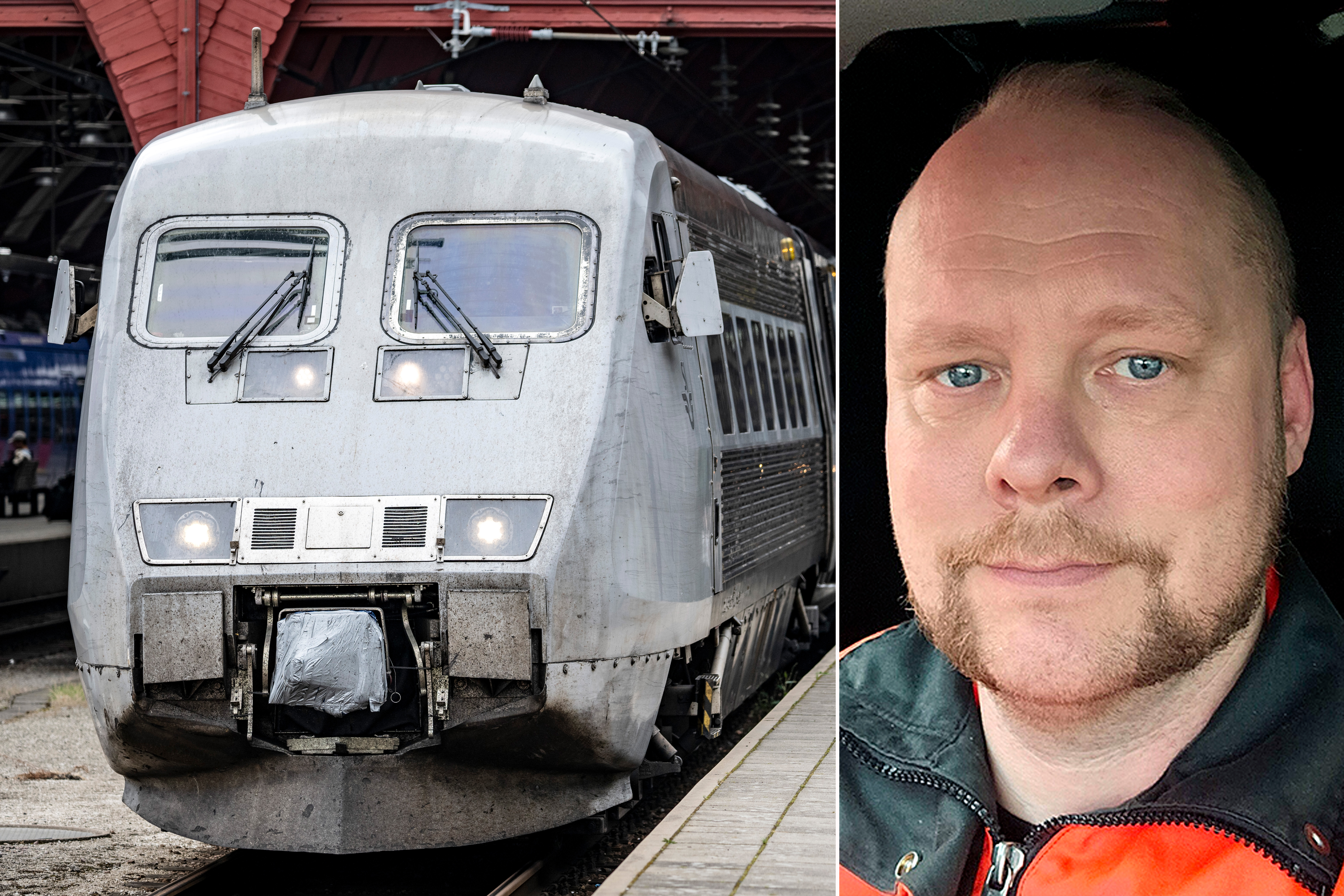 En silverfärgad tåg står vid en perrong. Till höger syns en närbild av en man med kort skägg, som bär en orange och svart jacka.