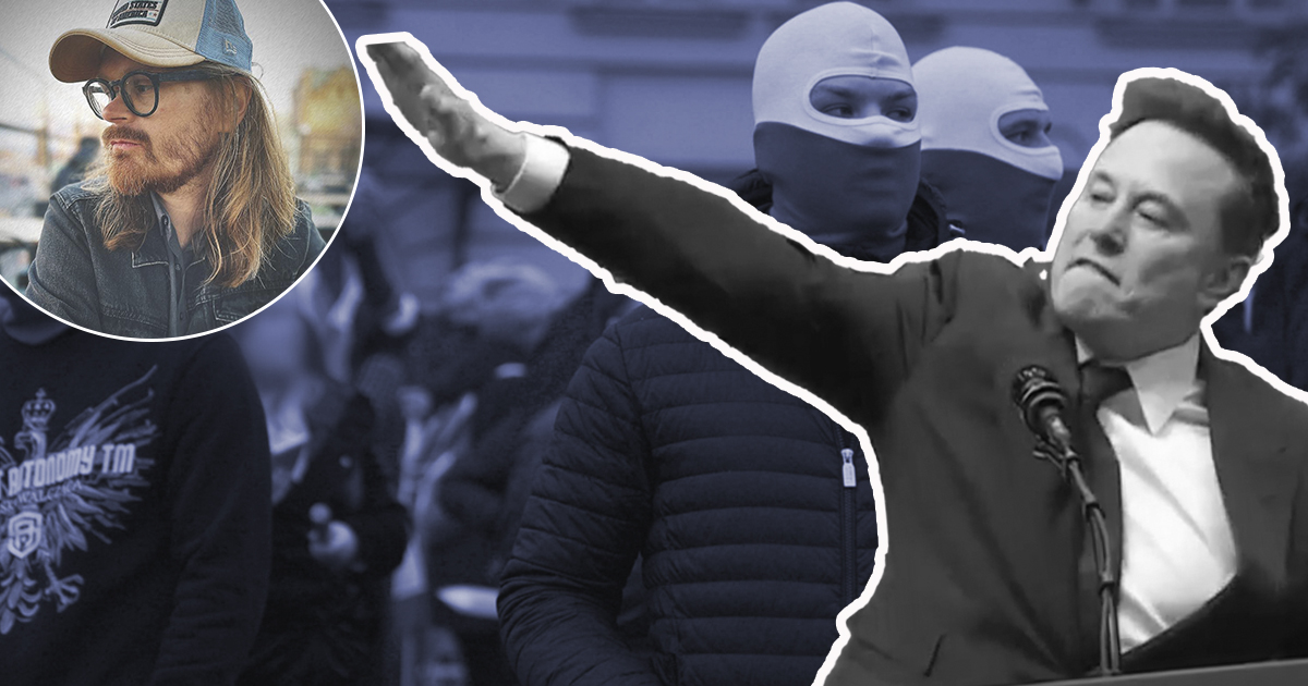 En man vid ett podium höjer armen; i bakgrunden syns personer med ansiktsmasker. En infälld bild visar en person med keps och glasögon.
