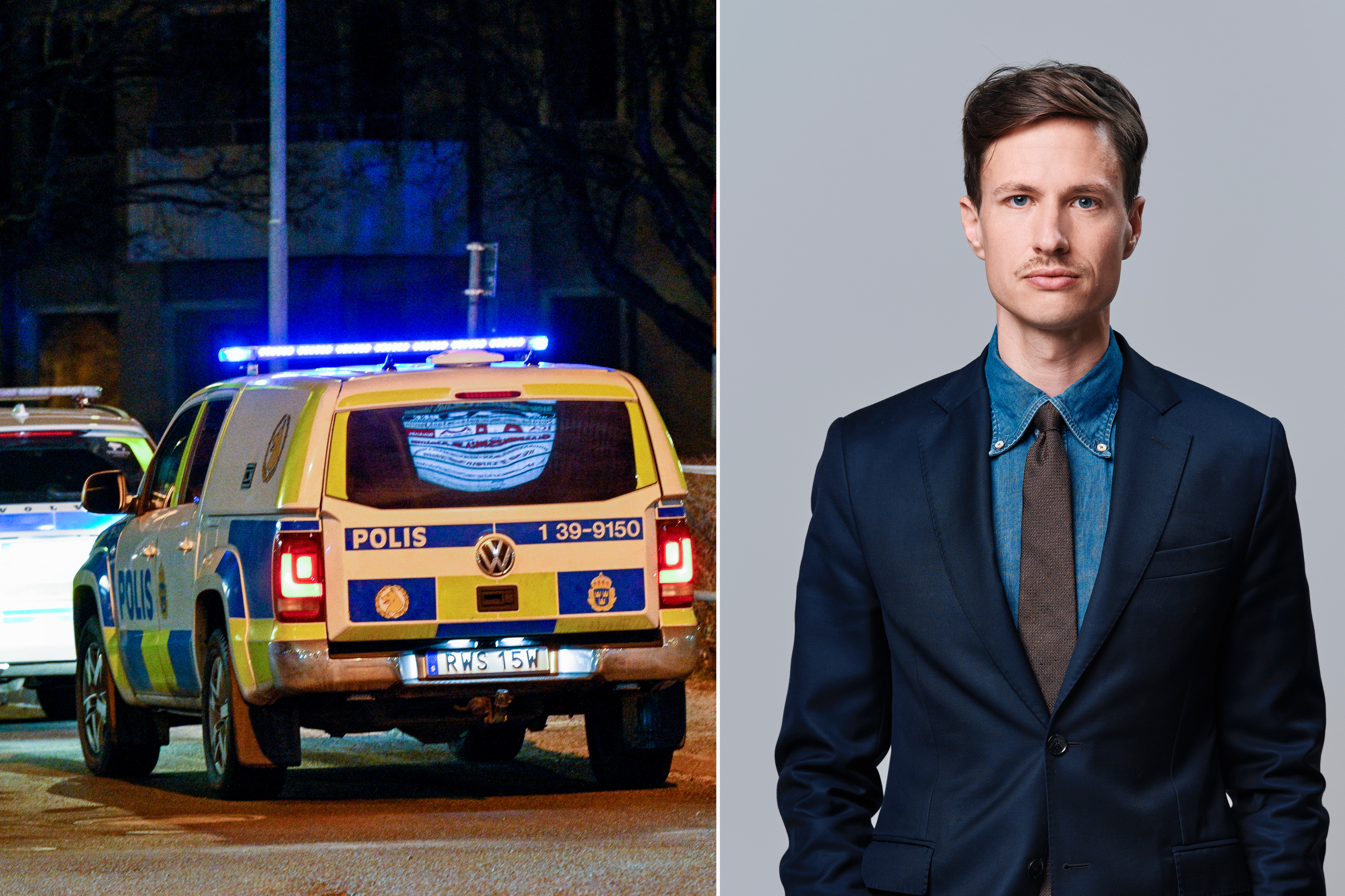 En polisbil med blinkande ljus på natten visa till vänster i bilden. Till höger står en person i kostym mot en neutral bakgrund.