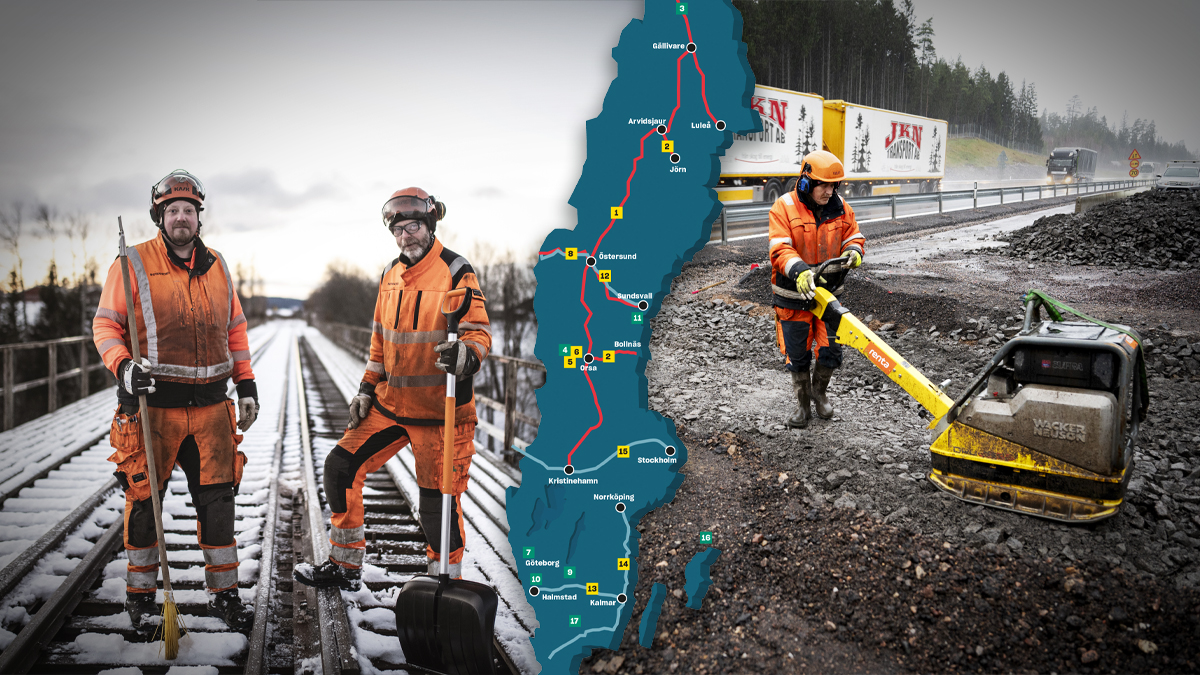 Arbetare i orange arbetskläder reparerar järnvägsspår och arbetar vid en vägkant. I bildens mitt syns en karta över Sverige med markerade rutter.