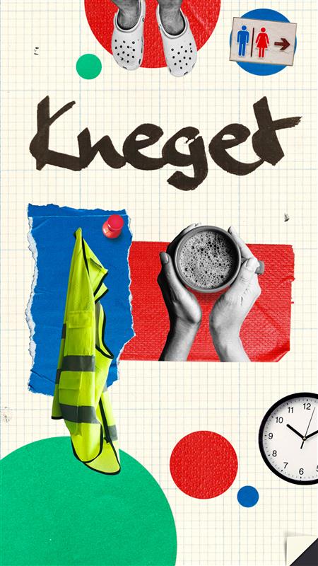 Ett collage med en gul säkerhetsväst, en klocka, händer som håller i en dryck, crocs, en toalett-skylt och ordet "Kneget" på en bakgrund med ett rutnät och olika former i färg.