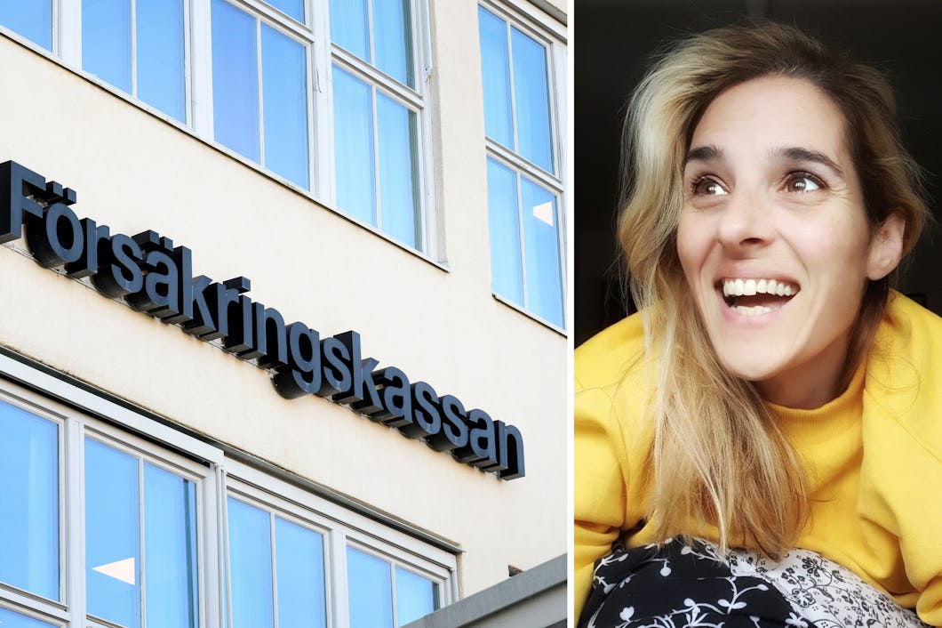 Byggnadens utsida med Försäkringskassans skylt till vänster; person i gul tröja till höger som ler.