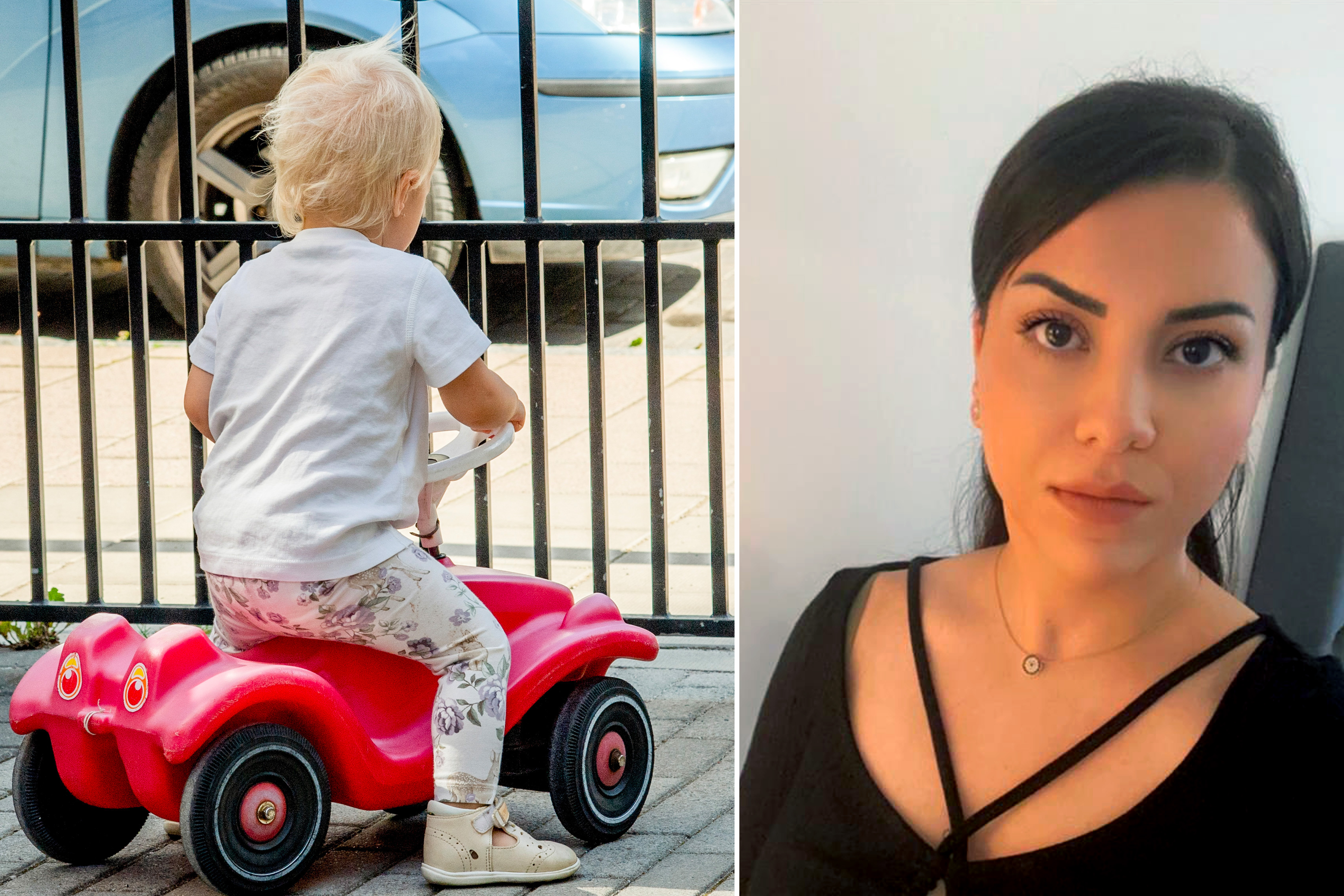 Ett barn sitter på en röd leksaksbil framför en grind. En kvinna med mörkt hår är inomhus och bär en svart topp.