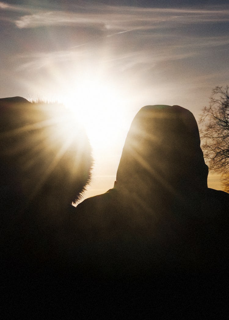 Maria och Teresa i huvor sitter bredvid varandra och tittar mot en ljus solnedgång med nakna träd i bakgrunden.