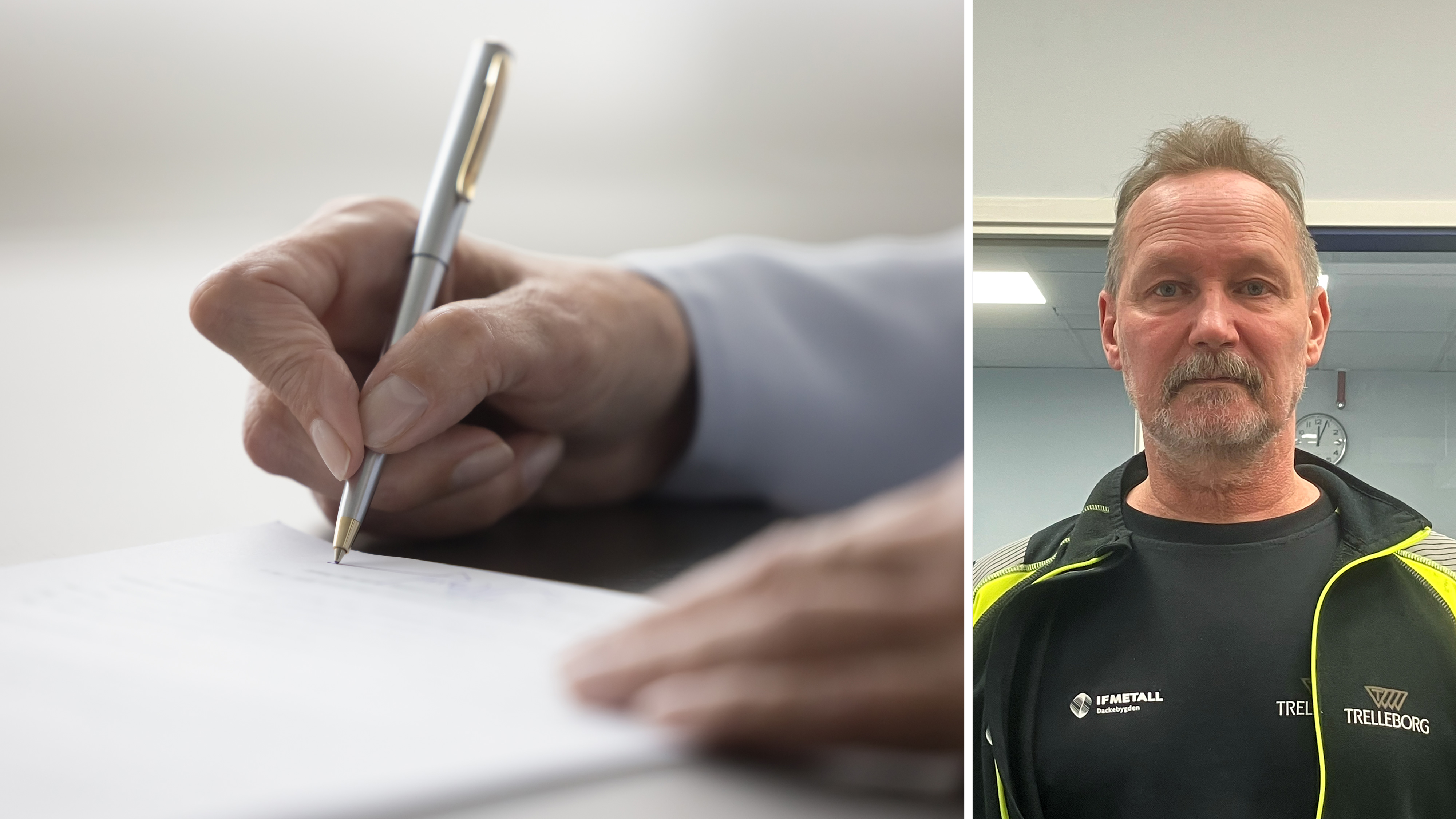 Vänster: En hand skriver med en penna på papper. Höger: En person med skägg, klädd i en mörk tröja och en neongrön jacka, står inomhus.