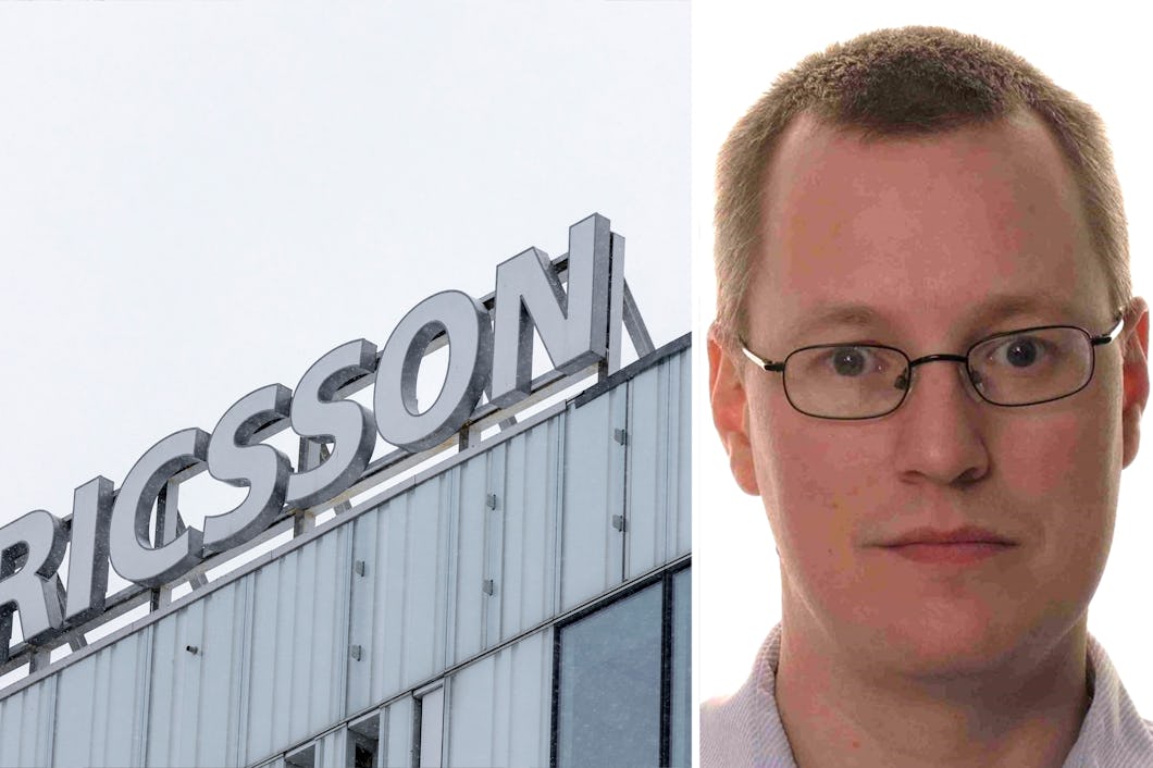 Byggnad med "Ericsson"-skylt till vänster; porträtt av en man med glasögon till höger.