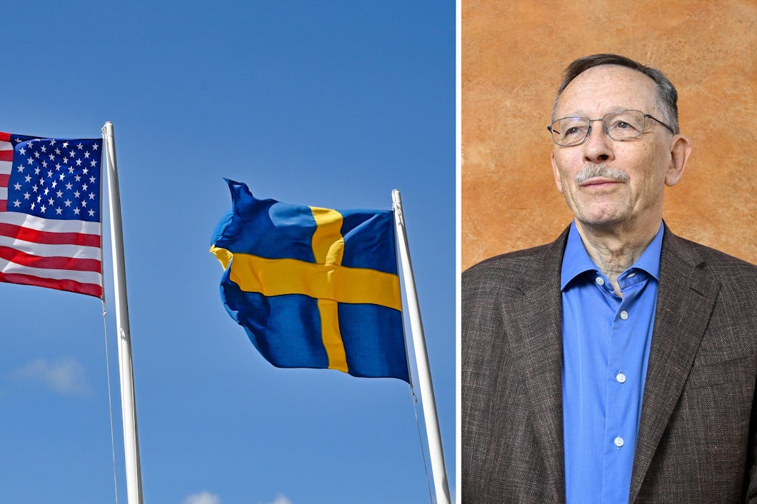 Två flaggor på stolpar, USA:s flagga och Sveriges flagga, mot en blå himmel; en man i brun kostym och blå skjorta till höger.