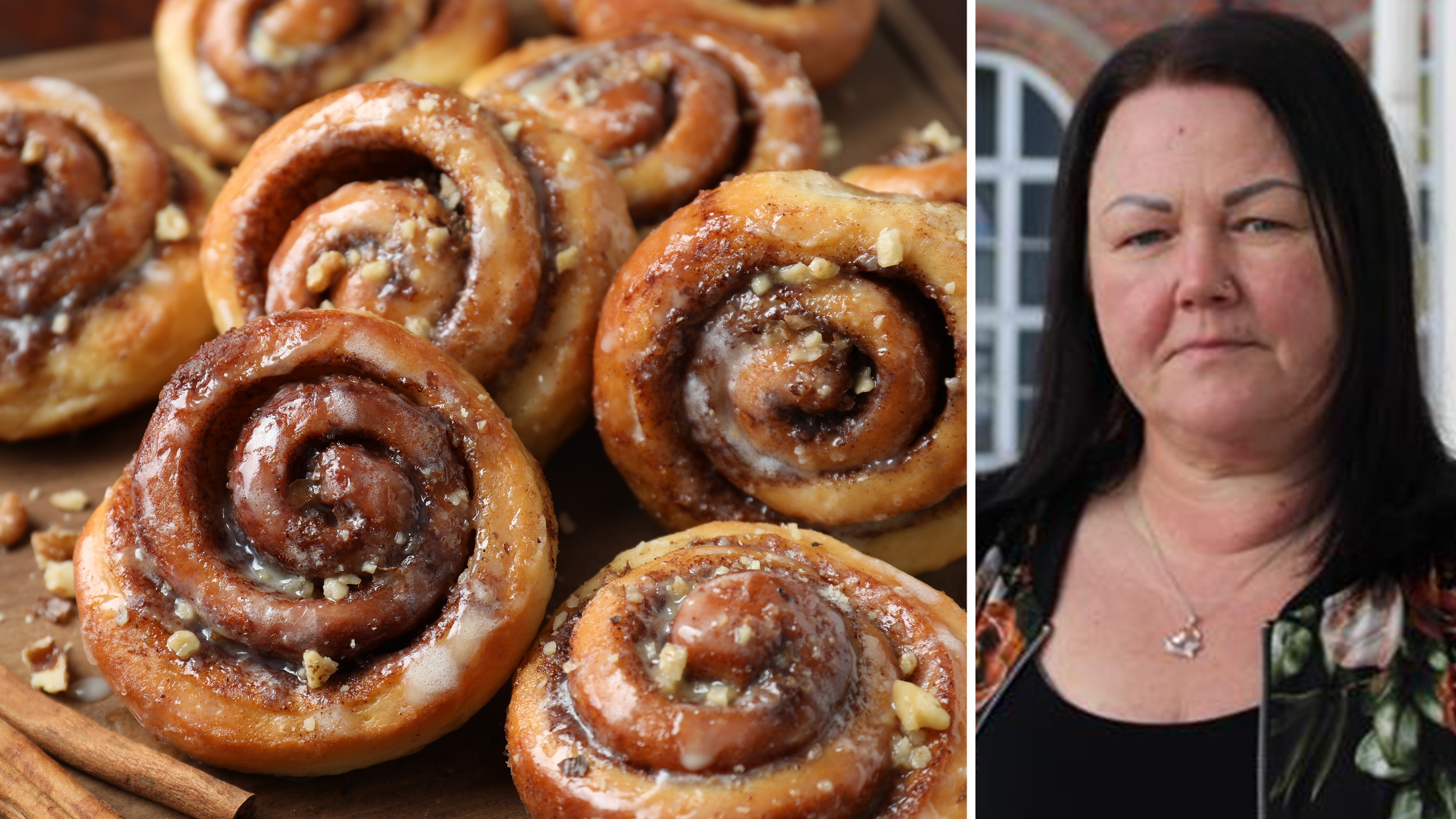 En tallrik med kanelbullar med glasyr och nötter finns till vänster, och Mia Svahn med långt mörkt hår står till höger framför en byggnad med välvda fönster.