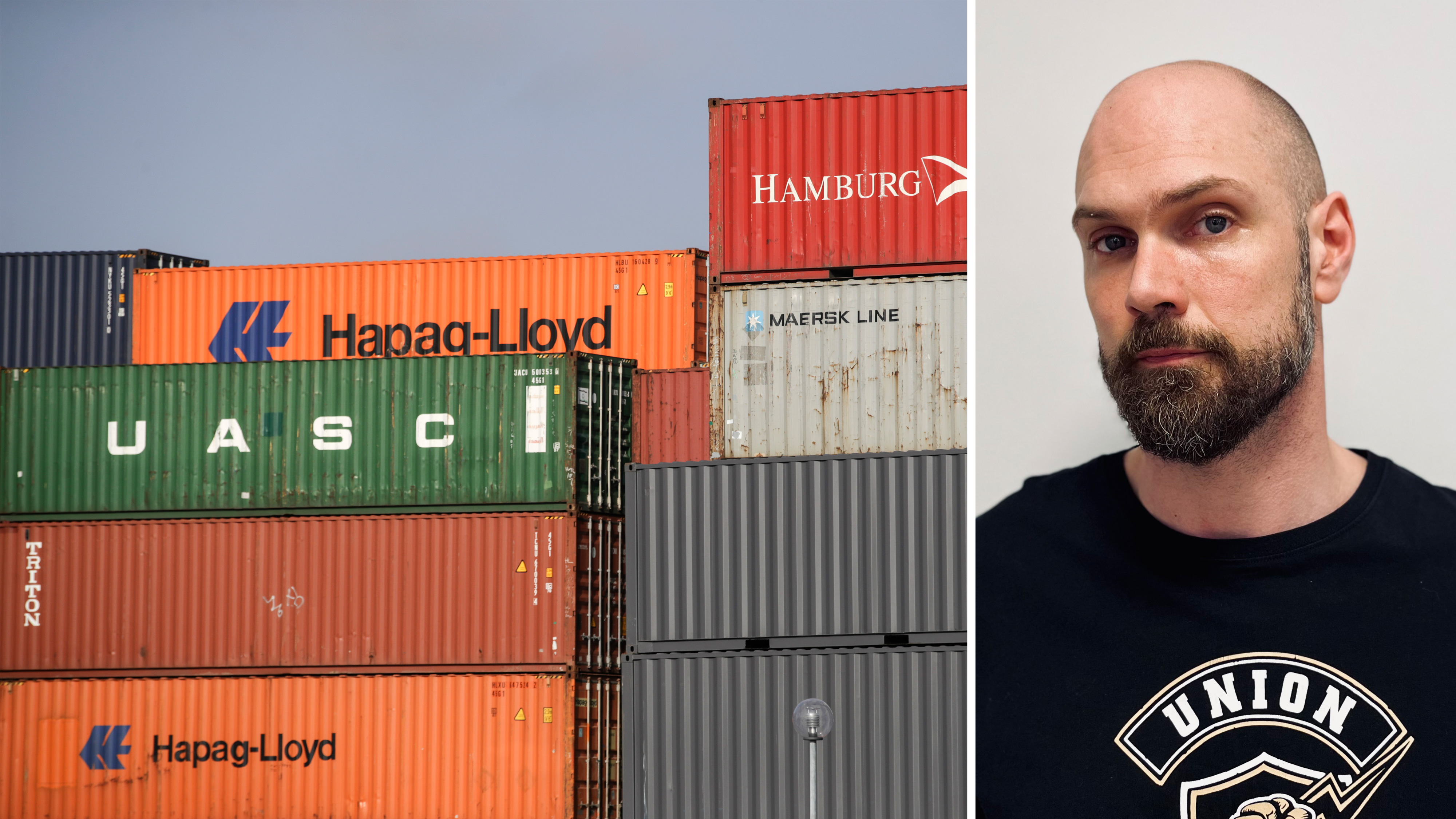 Högar med fraktcontainrar till vänster; en man med skägg och svart skjorta står mot en enkel bakgrund till höger.