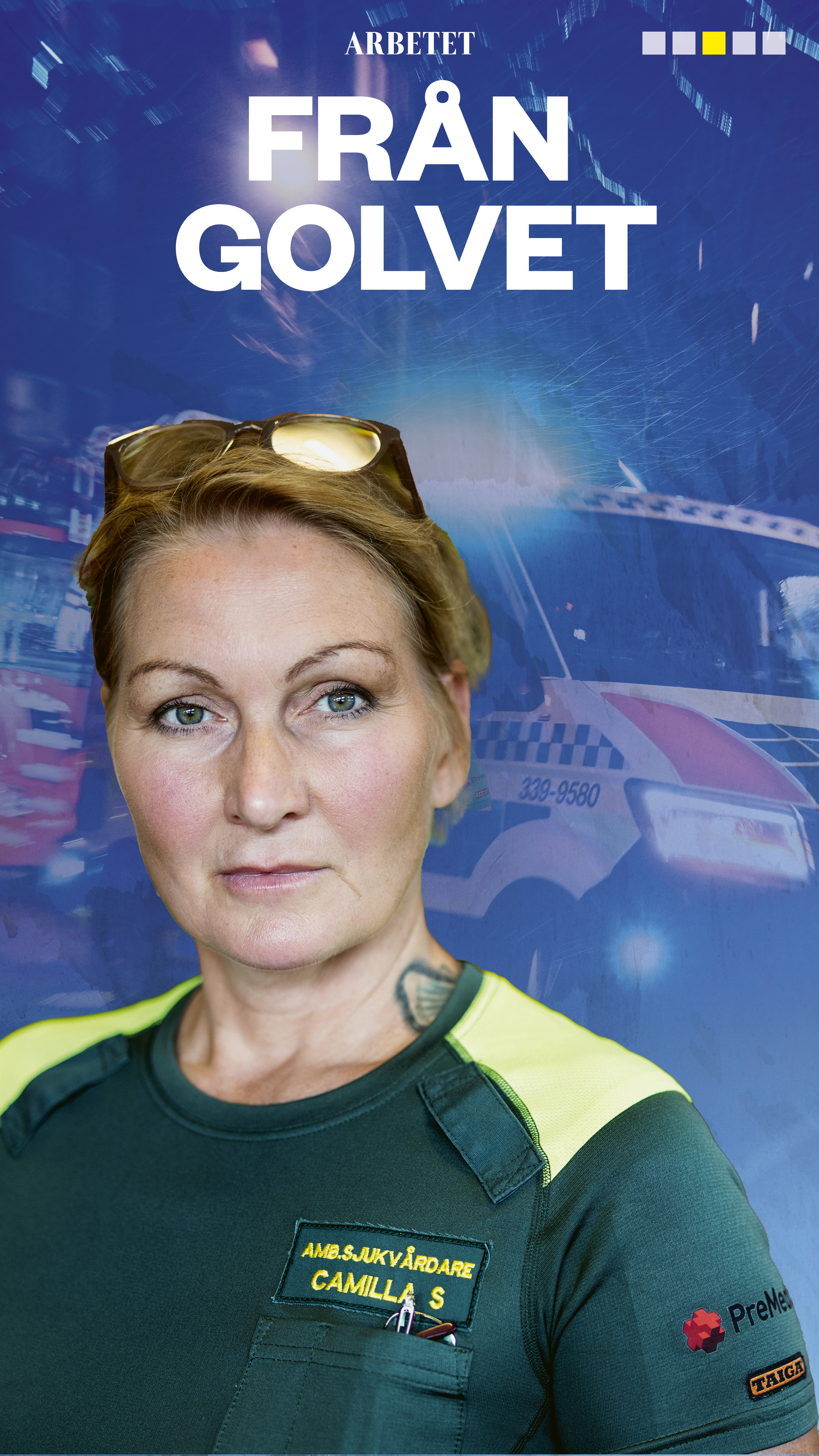 Camilla Sorbey står framför en bakgrund med utryckningsfordon och blinkande ljus, med texten ”Från Golvet” ovanför.