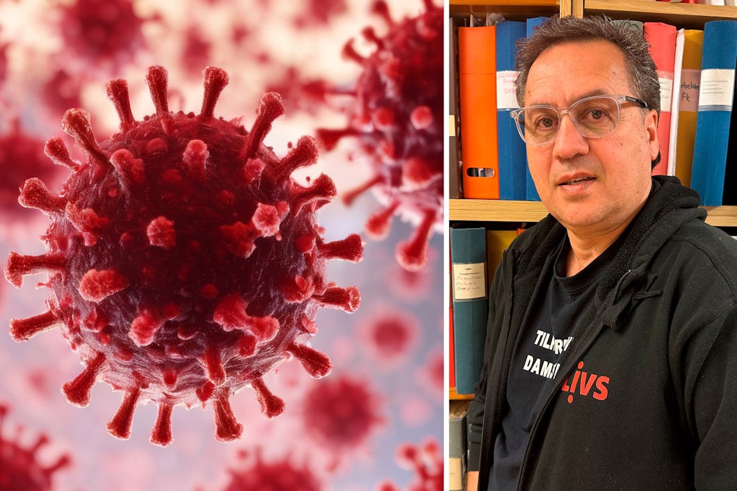 Närbild av ett virus till vänster; till höger står en man med glasögon framför hyllor med pärmar i olika färger.