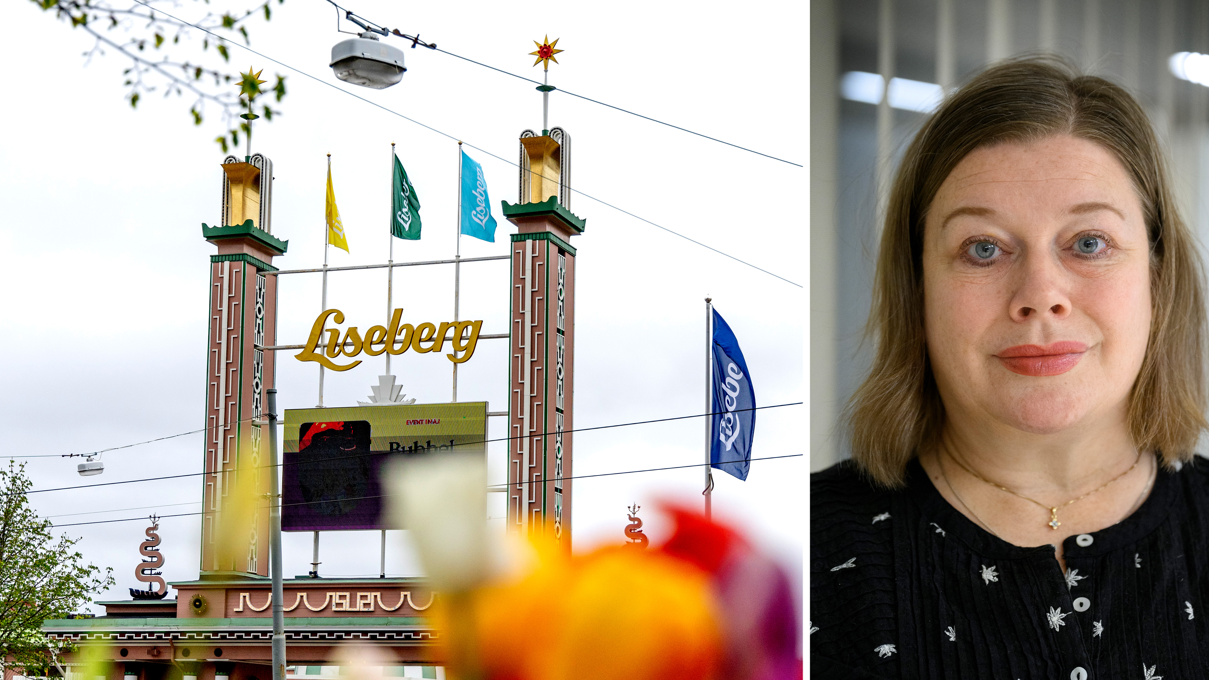 Bilden är uppdelad i två delar: till vänster syns ingången till Lisebergs nöjespark med flaggor, och till höger finns en kvinna med axellångt hår som har på sig en svart tröja.