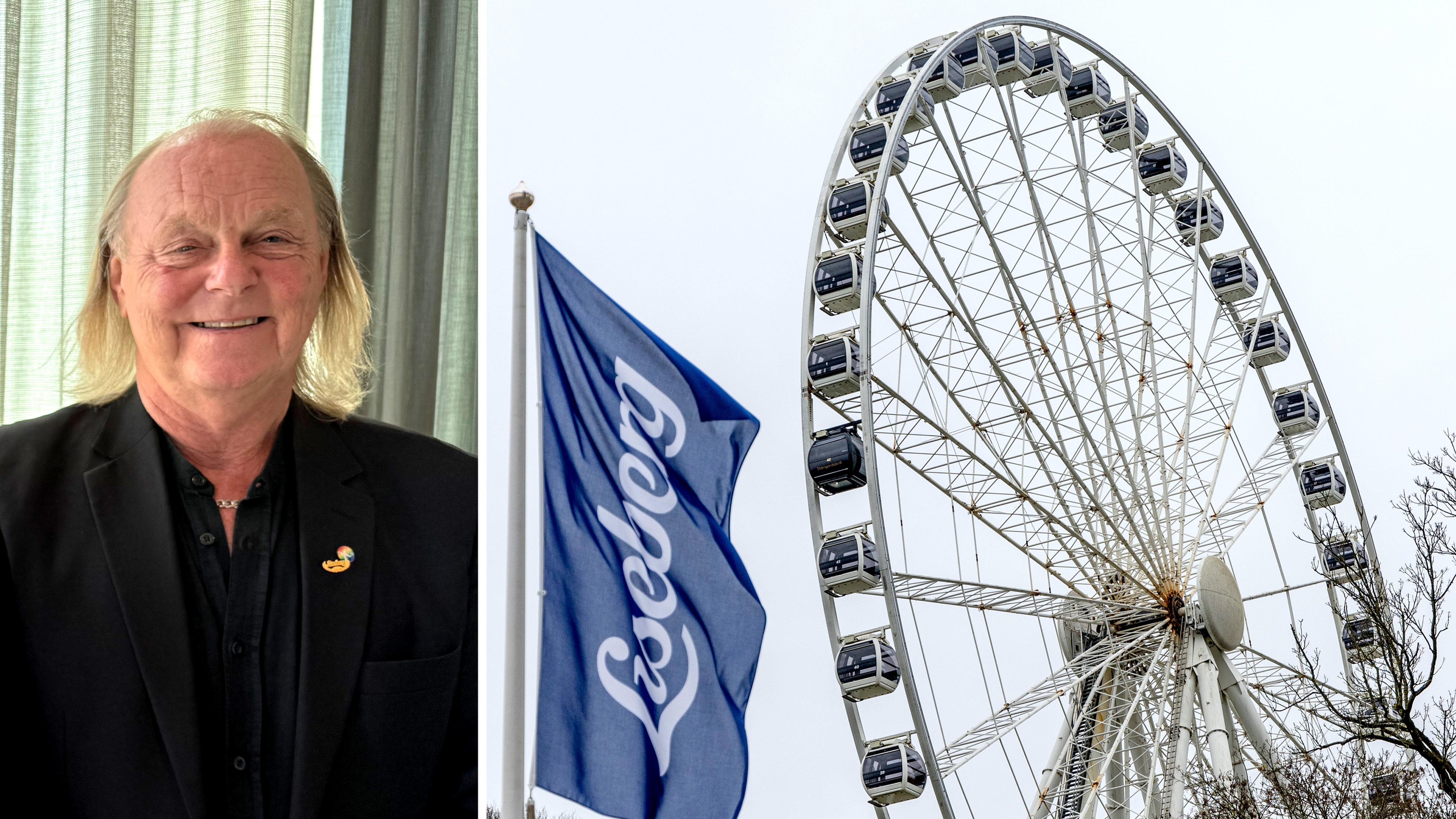 En man i svart jacka står inomhus bredvid ett fönster. Vid hans sida finns ett stort pariserhjul och en blå flagga där det står "Liseberg".