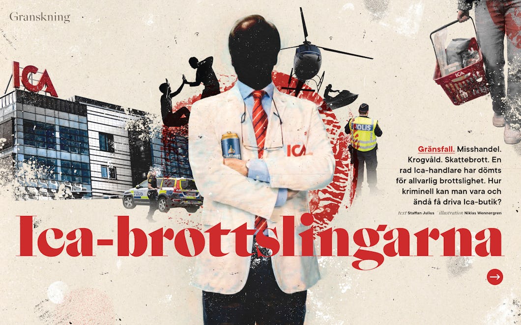 Ett collage med en ICA-butik, en person i vit rock med en ICA-bricka, en polis, en polisbil och en kundvagn. Över bilden står texten "Ica-brottslingarna" i stora bokstäver.