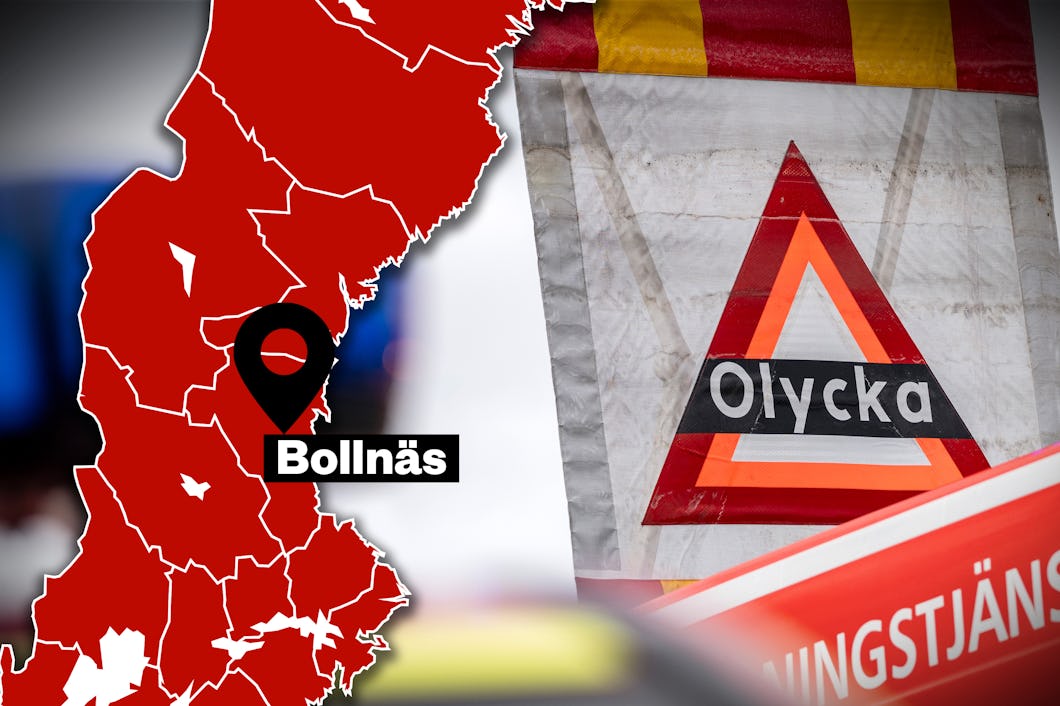 Karta som visar Bollnäs i Sverige intill ett vägmärke med texten "Olycka" samt en del av ett uttryckningsfordon.