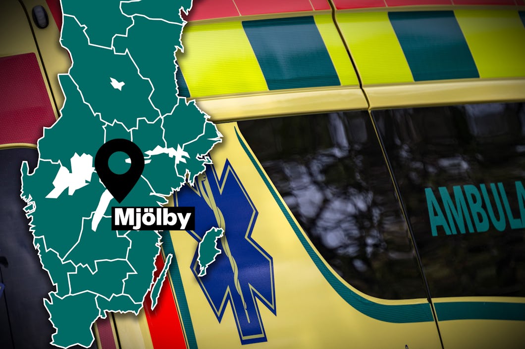 En karta som visar Mjölby i Sverige är placerad ovanpå en bakgrund med sidan av en ambulans i gult och grönt.