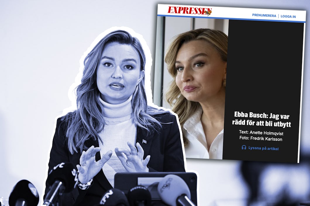 En kvinna talar vid en presskonferens med mikrofoner framför sig. I en infälld ruta visa en nyhetsartikel med hennes bild och rubriken om hennes rädsla för att bli ersatt.