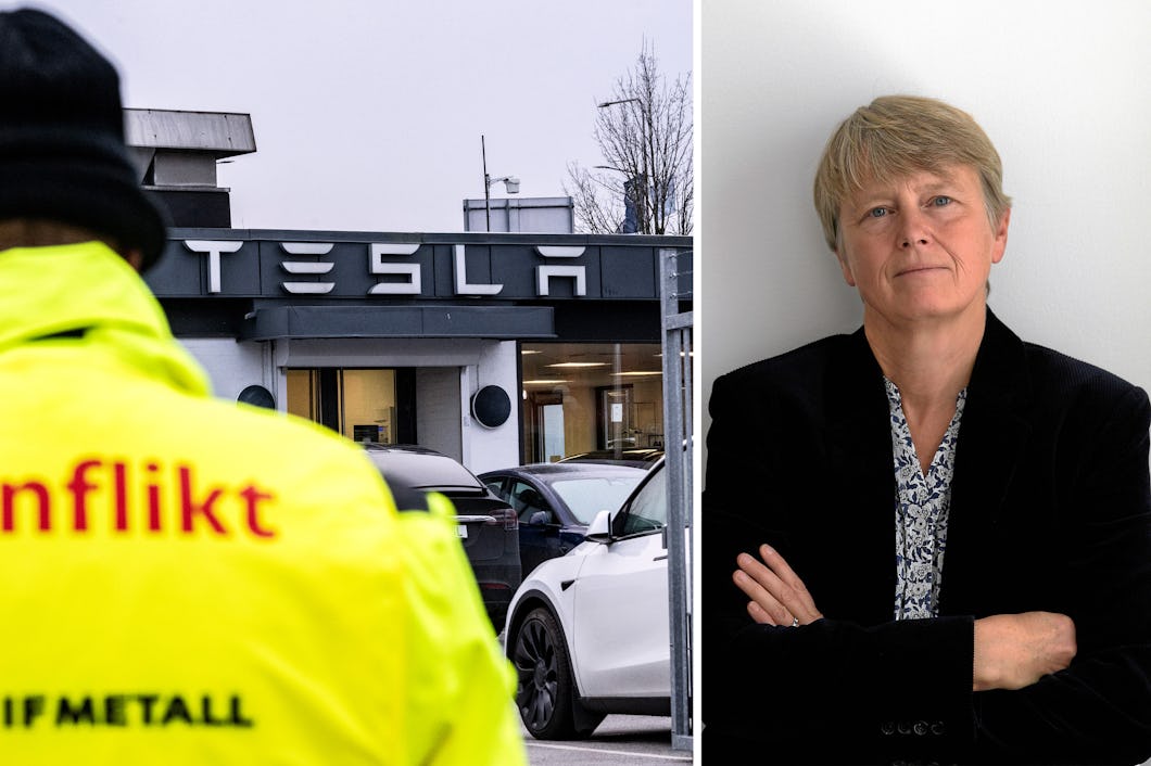 En person i en gul "Konflikt IF Metall"-jacka står utanför en Tesla-byggnad. Bredvid finns ett porträtt av Irene Wennemo, generaldirektör på Medlingsinstitutet. som står med armarna i kors mot en vit vägg.