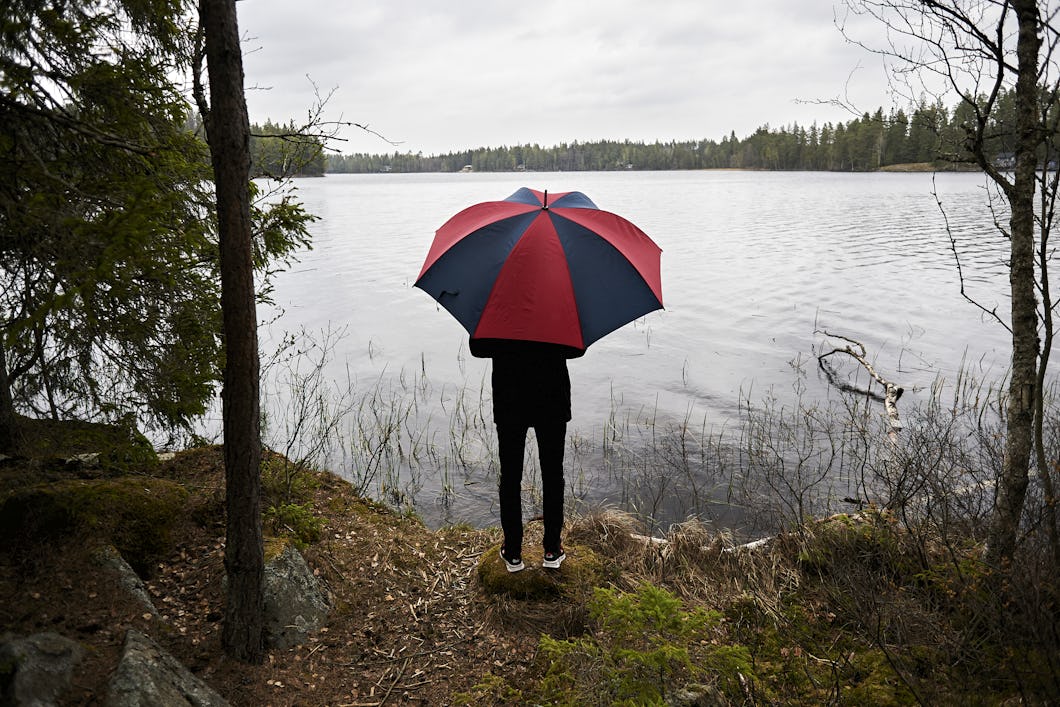 En person står vid kanten av en sjö med ett rött och blått paraply, vänd mot vattnet en mulen dag, omgiven av träd.
