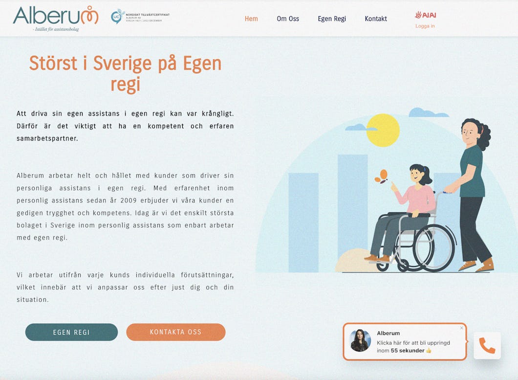En illustration av en kvinna i rullstol som skjuts av en annan kvinna. Bredvid finns text på svenska om Alberum.