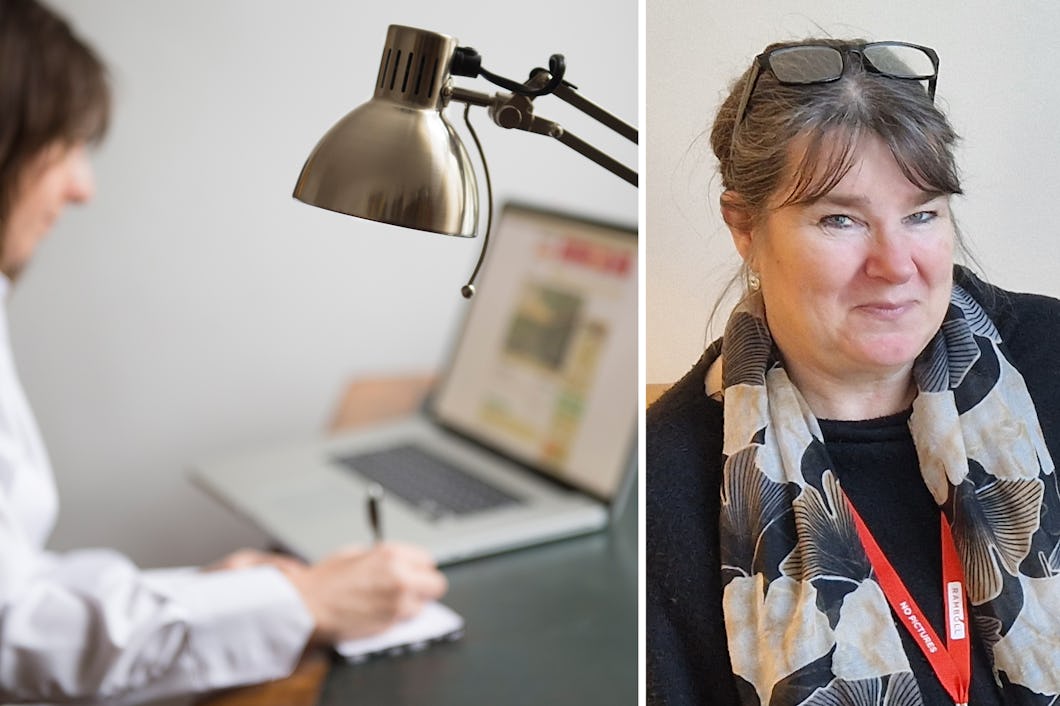 Delad bild: Till vänster sitter en person vid ett skrivbord och skriver med en öppen bärbar dator; till höger tittar en kvinna med glasögon på huvudet i kameran, har en halsduk och ett rött nyckelband.