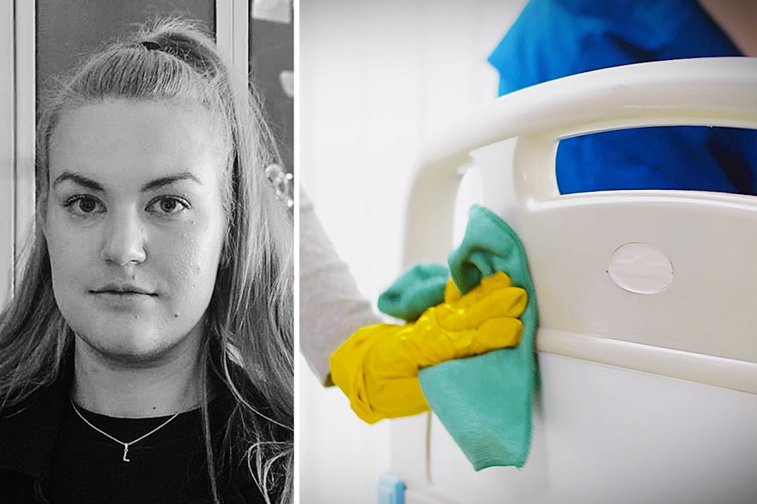 Sandra Nordlander tittar mot kameran till vänster; till höger torkar en hand med handske av en sjukhussängs räcke med en grön trasa.