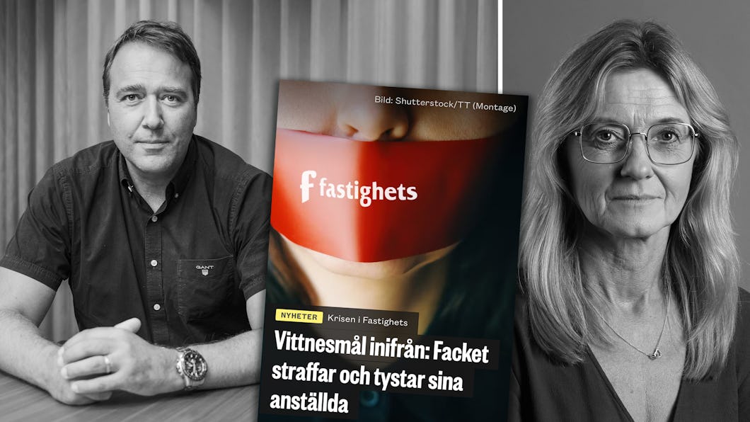 Skärmdump på tidigare artikel med rubriken ”Vittnesmål inifrån: Facket straffar och tystar sina anställda” mellan två svartvita porträtt på Joakim Oscarsson och Inger Strömholm.
