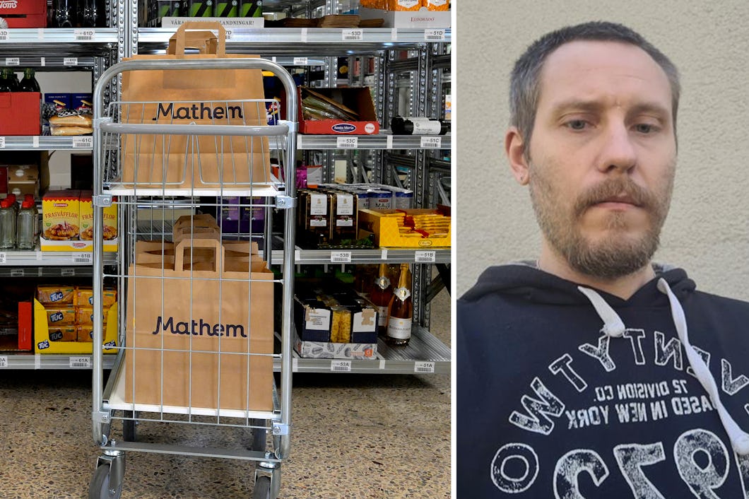 Till vänster syns en butiksgång med en kundvagn som innehåller Mathem-papperspåsar. Till höger står en man utomhus.