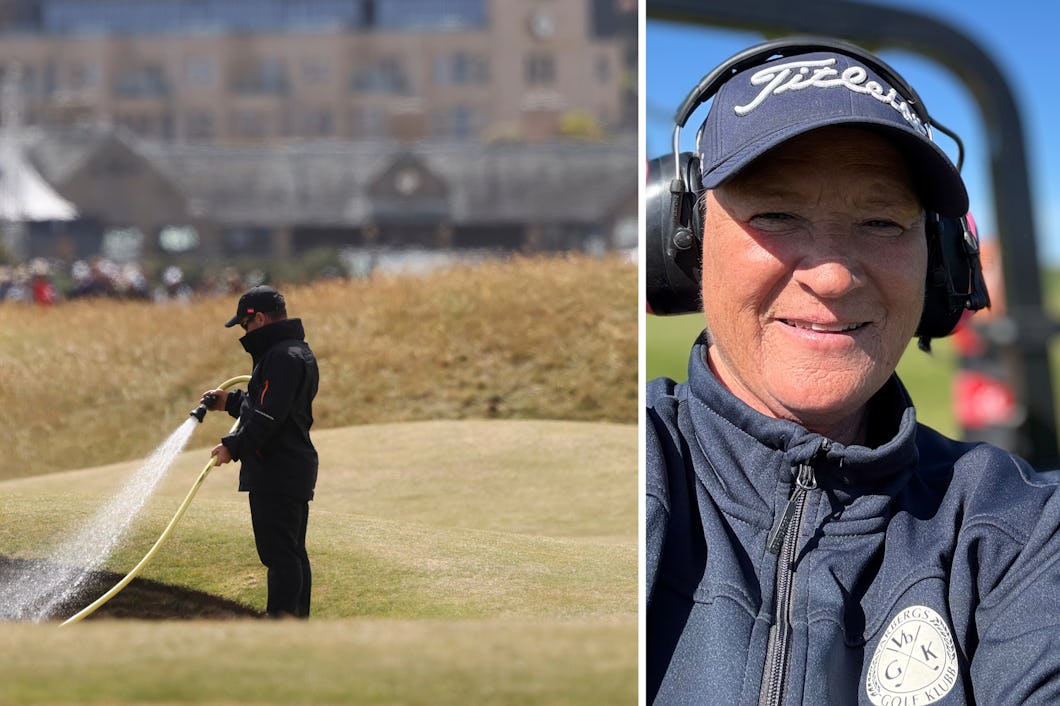 En person vattnar en sandbunker på en golfbana. Bredvid syns en närbild av en person med keps från Titleist och jacka med en logotyp för golfklubben.